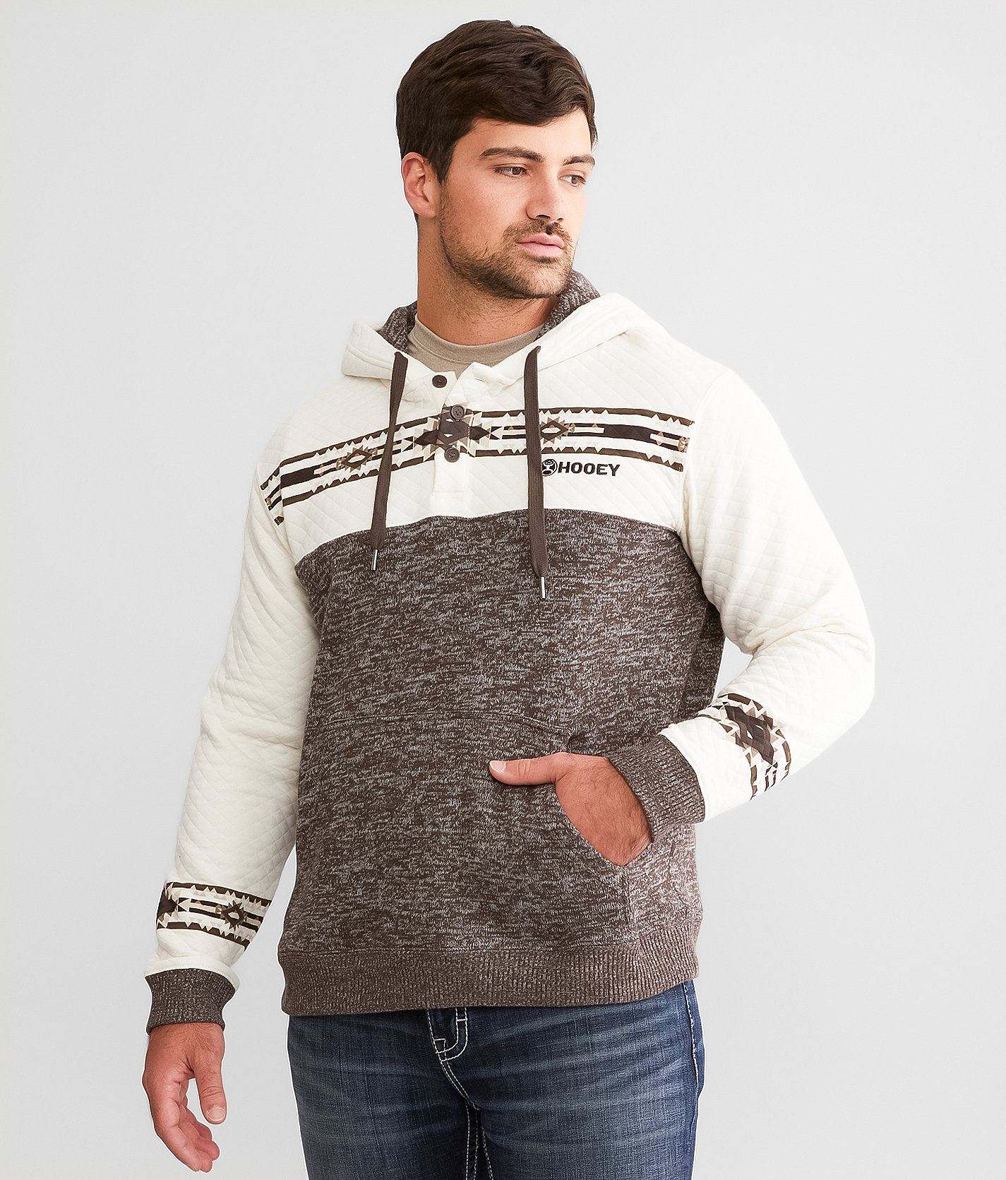 Hooey Jimmy Hooded Henley Sweatshirt - Men's Sweatshirts in White Brown