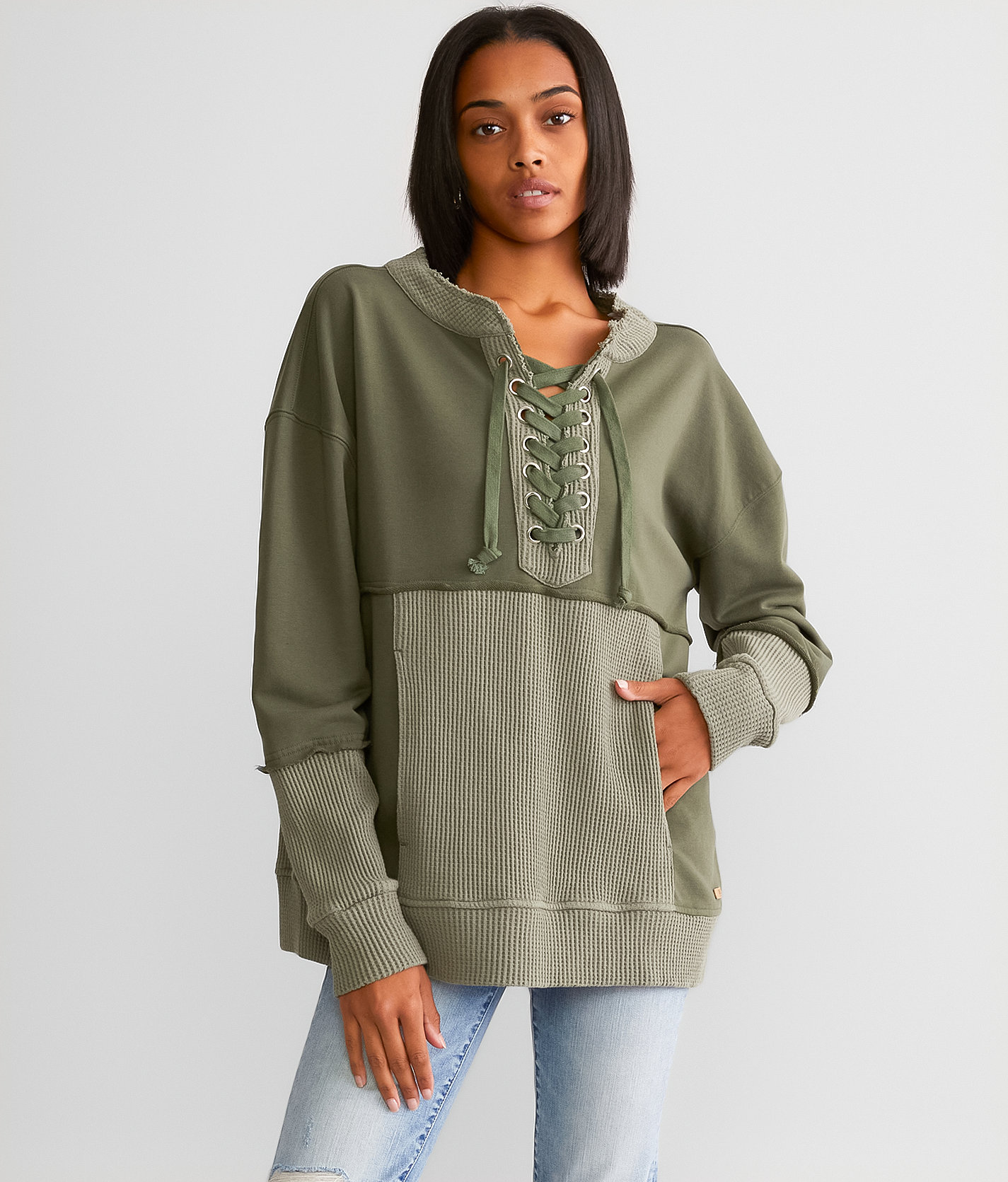 BKE Waffle Knit Lace-Up Thermal Pullover - Women's Sweatshirts in Olive