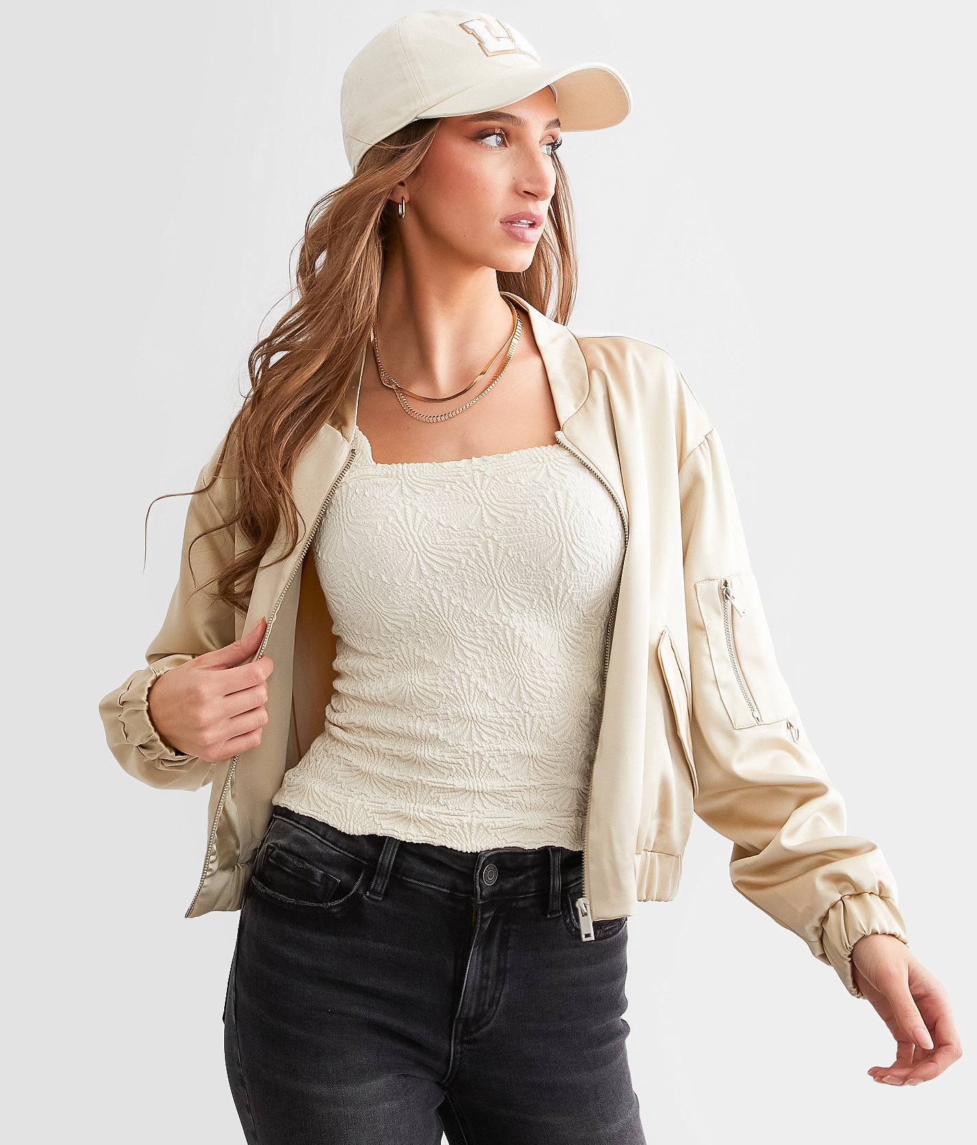 Stoosh Satin Cropped Bomber Jacket - Women's Coats & Jackets in Champagne