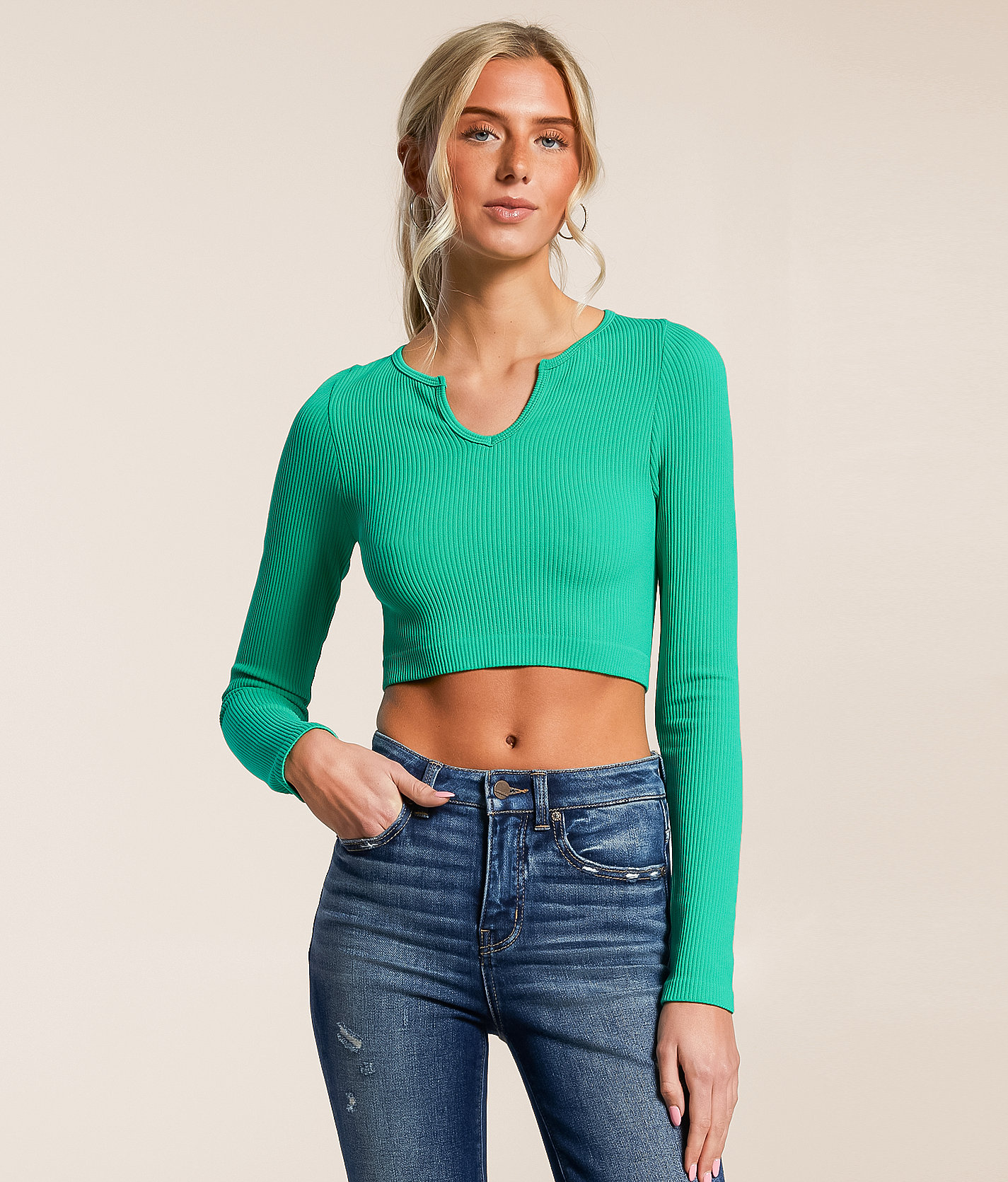 Freshwear Notched Top - Women's Shirts & Blouses in Simply Green