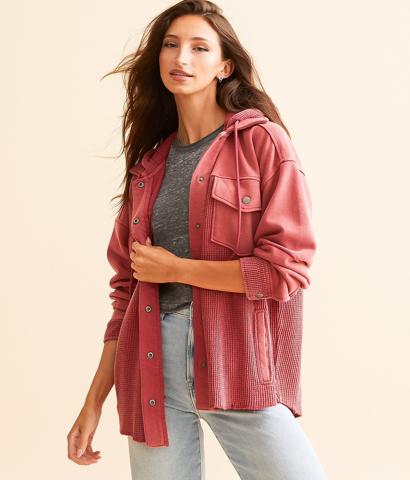 BKE Waffle Knit Hooded Jacket - Women's Coats & Jackets in Earth Red