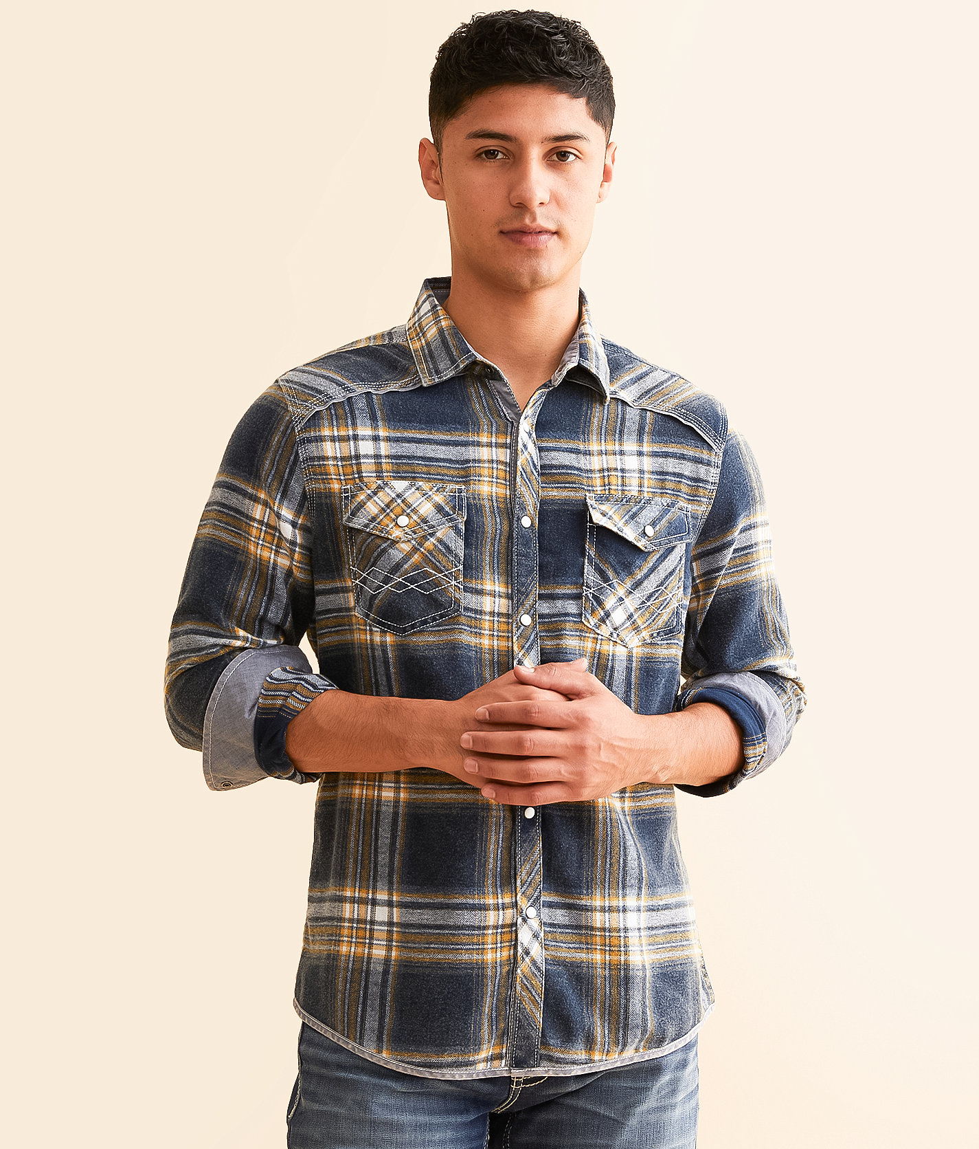 BKE Vintage Brushed Plaid Athletic Shirt - Men's Shirts in Navy Gold