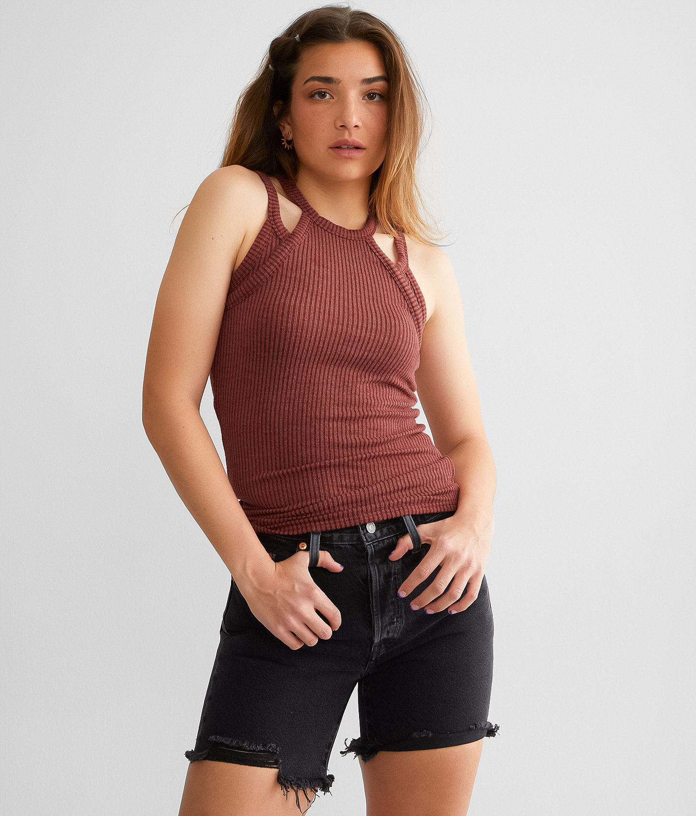 Gilded Intent Ribbed Double Strap Tank Top - Women's Tank Tops in Russet Brown