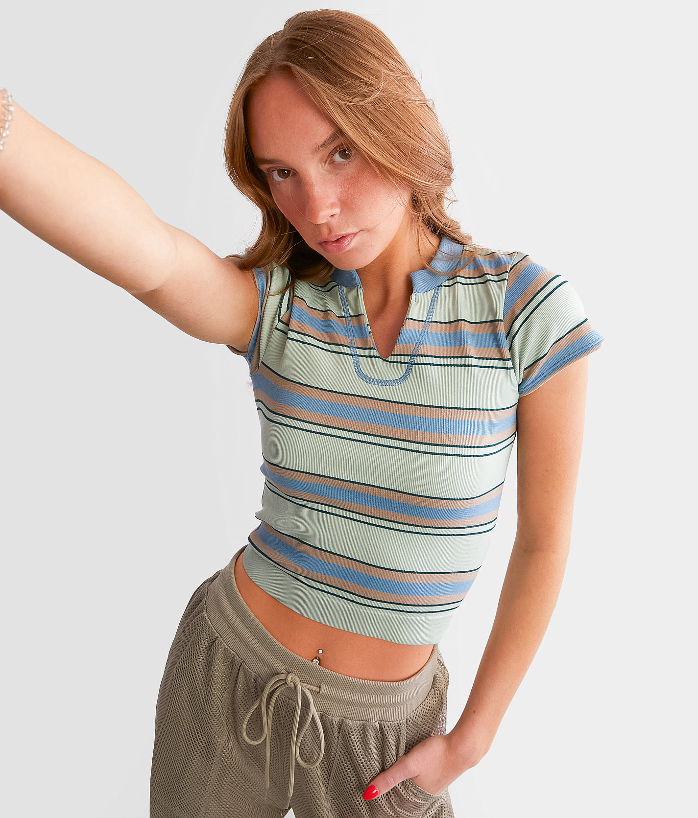 FITZ + EDDI Seamless Cropped Top - Women's Shirts & Blouses in Blue Multi Stripe