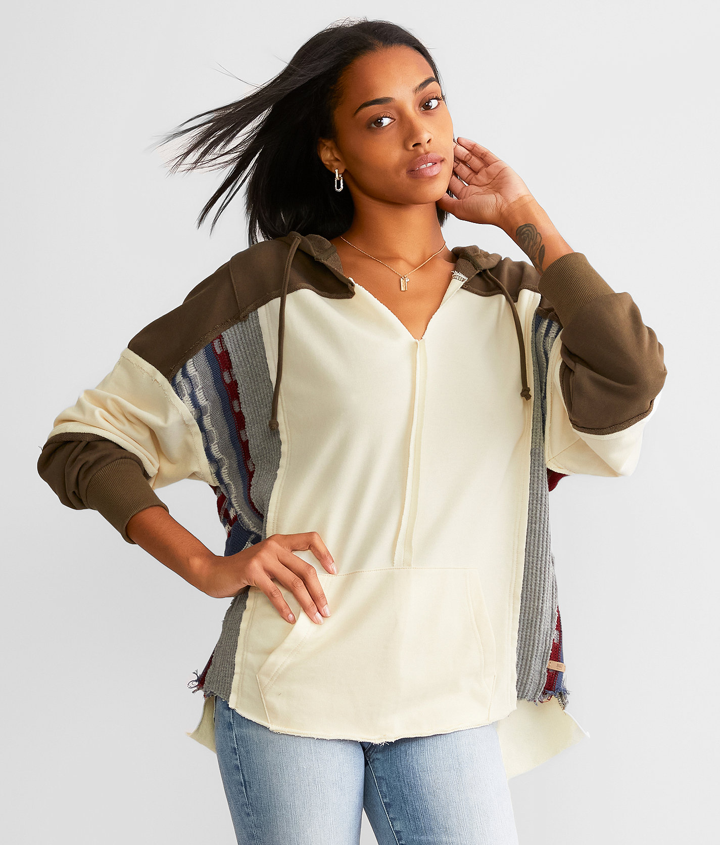 BKE Pieced Hoodie - Women's Sweatshirts in Cream Olive