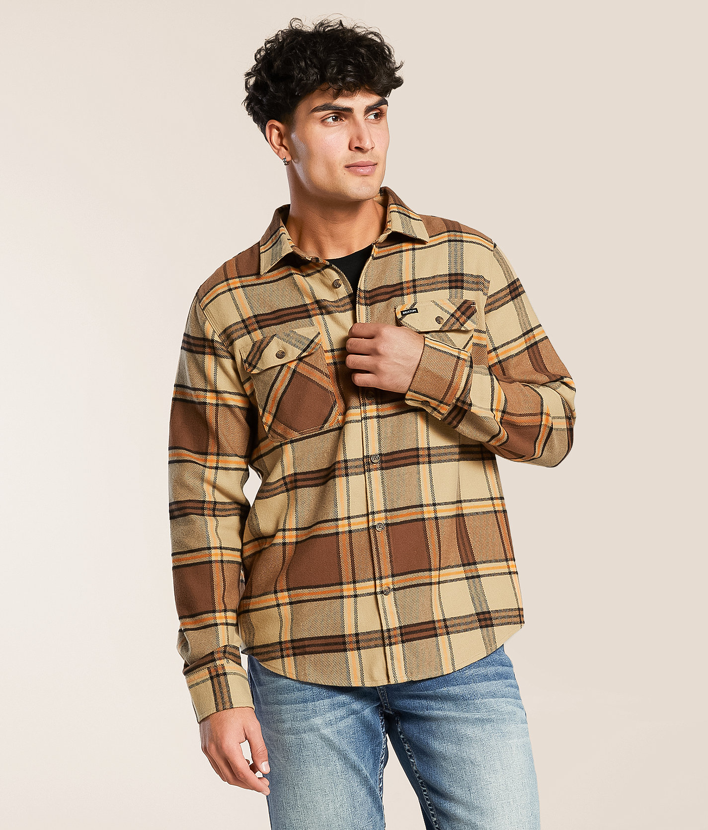 Brixton Bowery Flannel Shirt - Men's Shirts in Sand PInecone Solar Orang