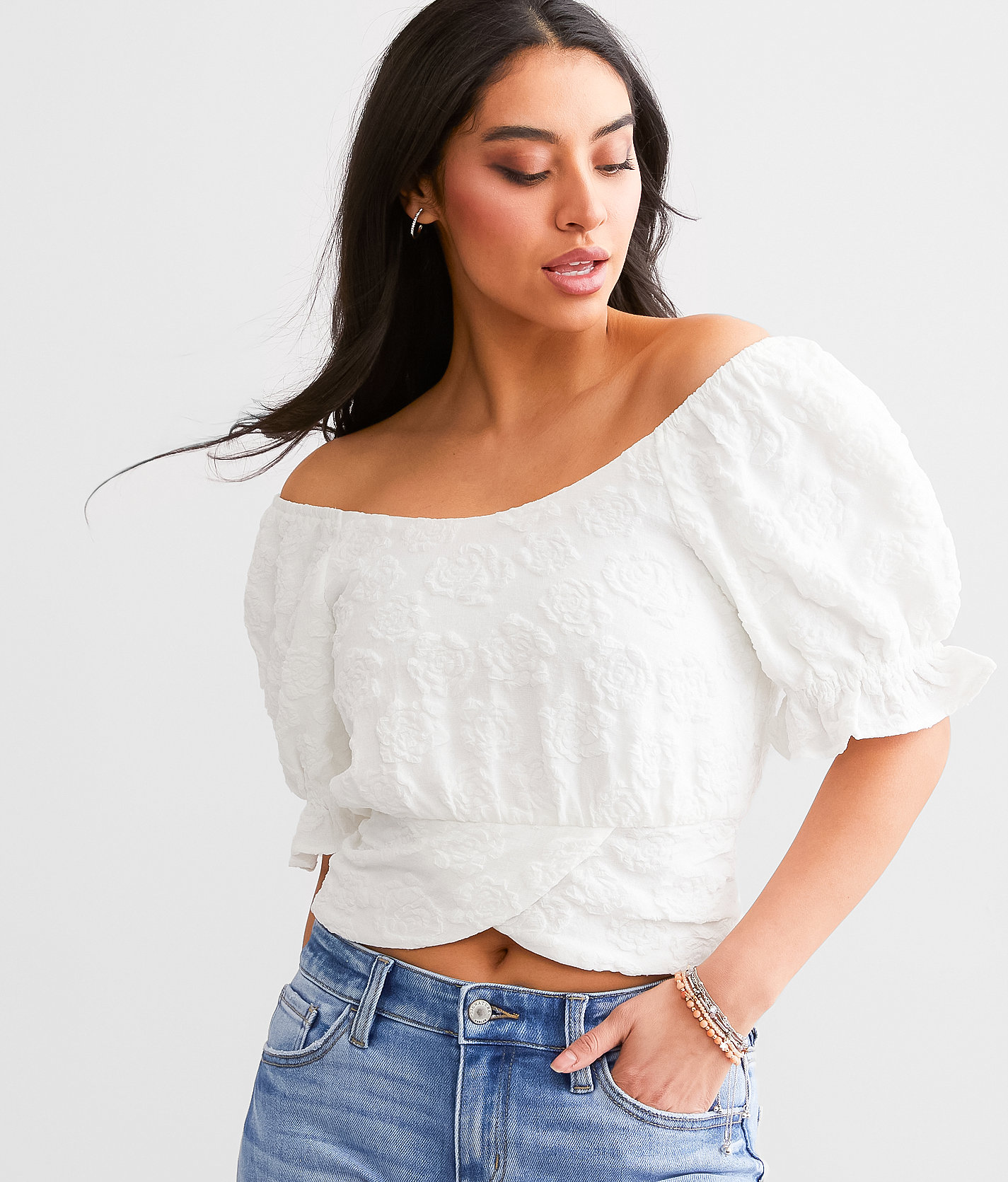 Willow & Root Textured Floral Cropped Top - Women's Shirts & Blouses in White