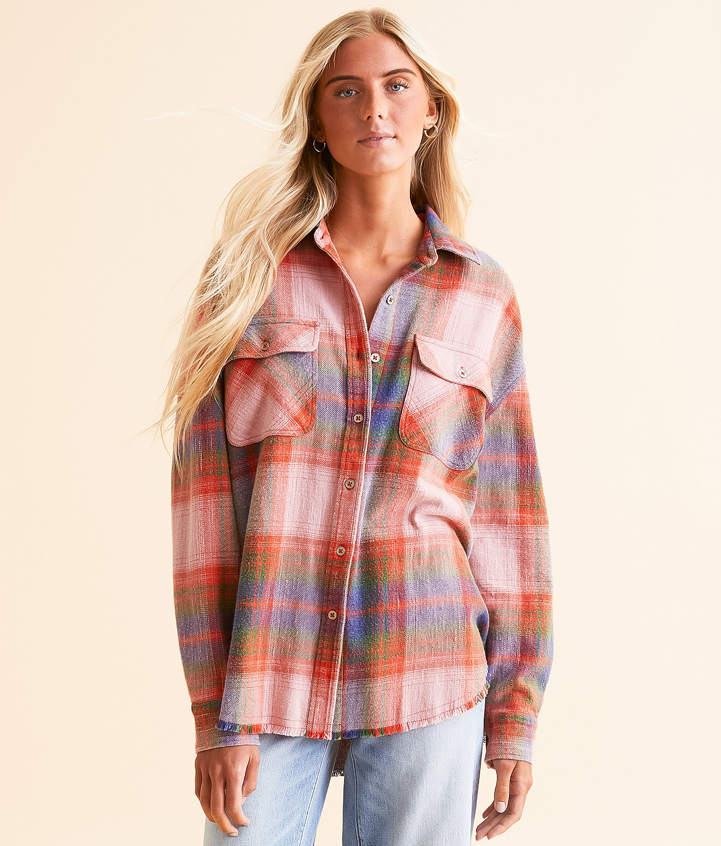Modish Rebel Plaid Boyfriend Flannel Shirt - Women's Shirts & Blouses in Dusty Pink
