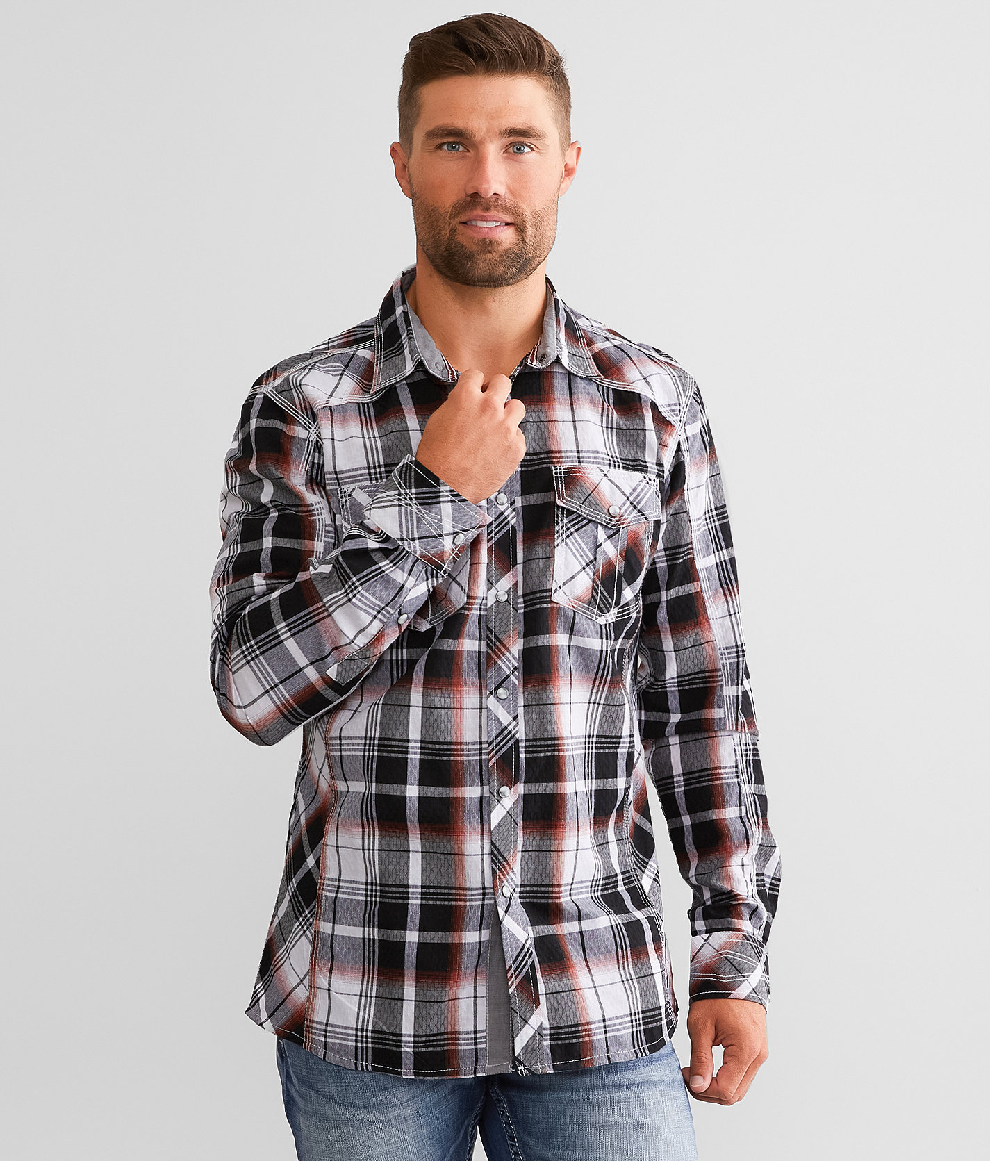 BKE Plaid Athletic Shirt - Men's Shirts in White Black Rust