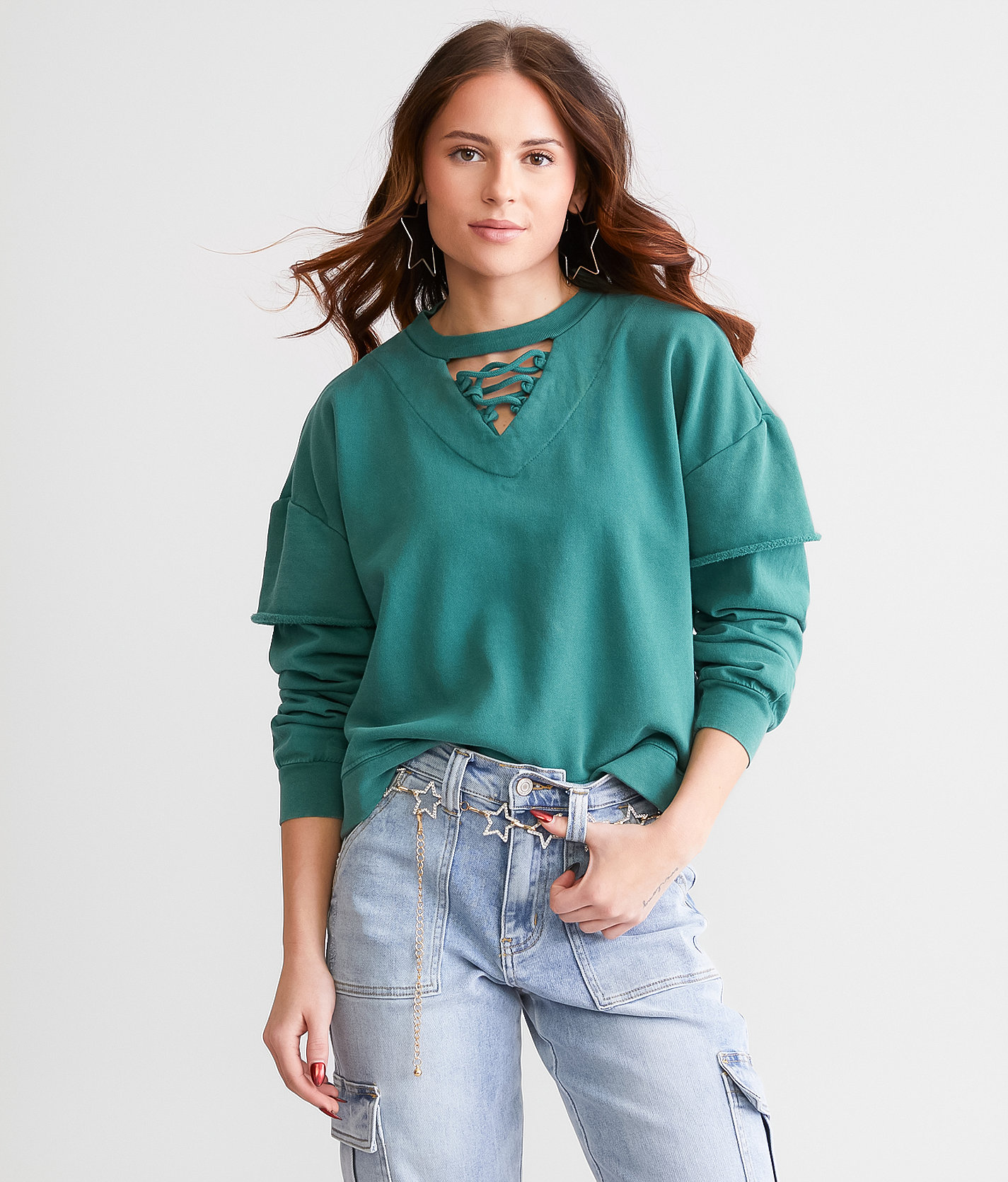 Gilded Intent Lace-Up Cropped Pullover - Women's Sweatshirts in Storm