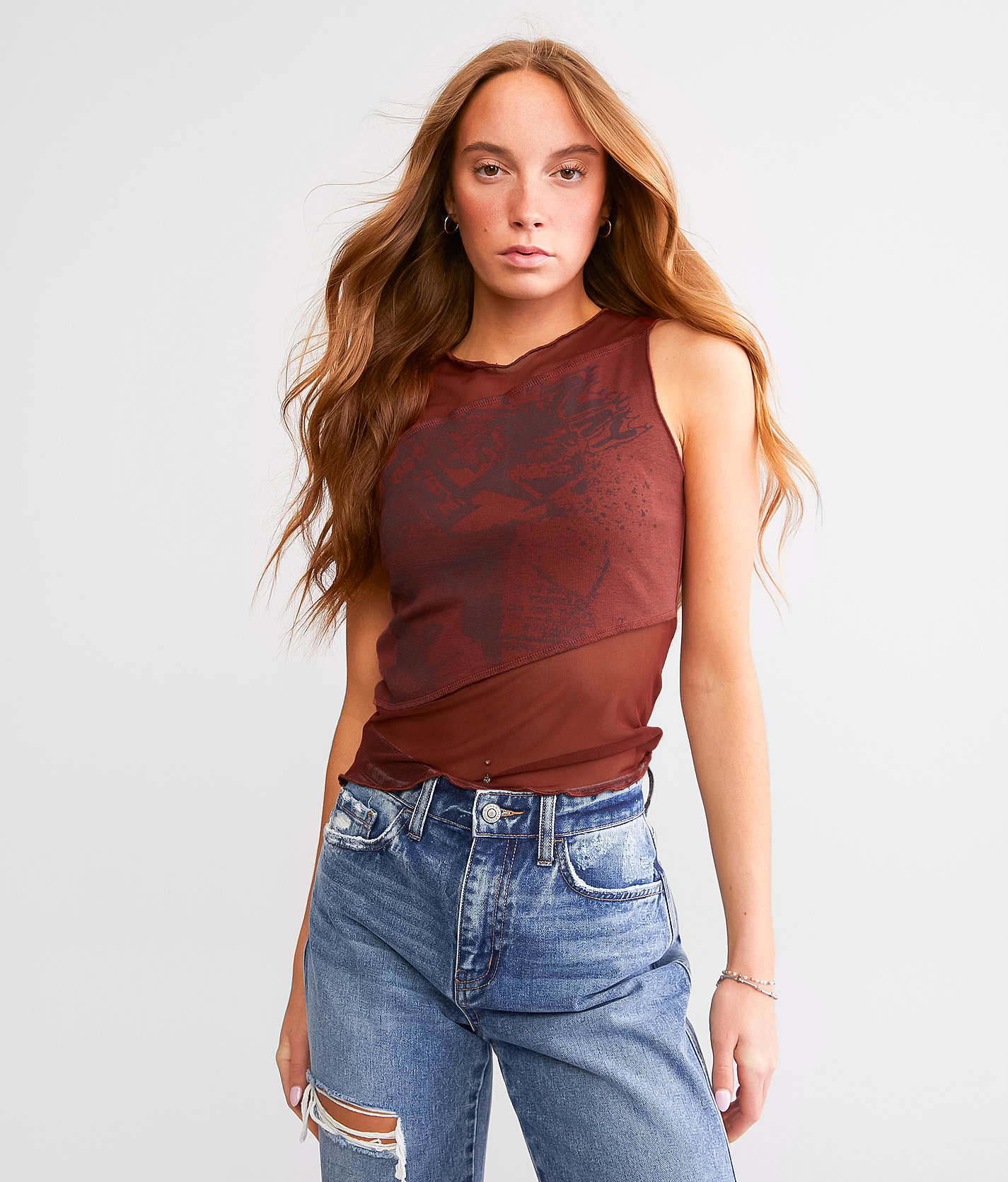 Gilded Intent Pieced Mesh Tank Top - Women's Tank Tops in Madder Brown