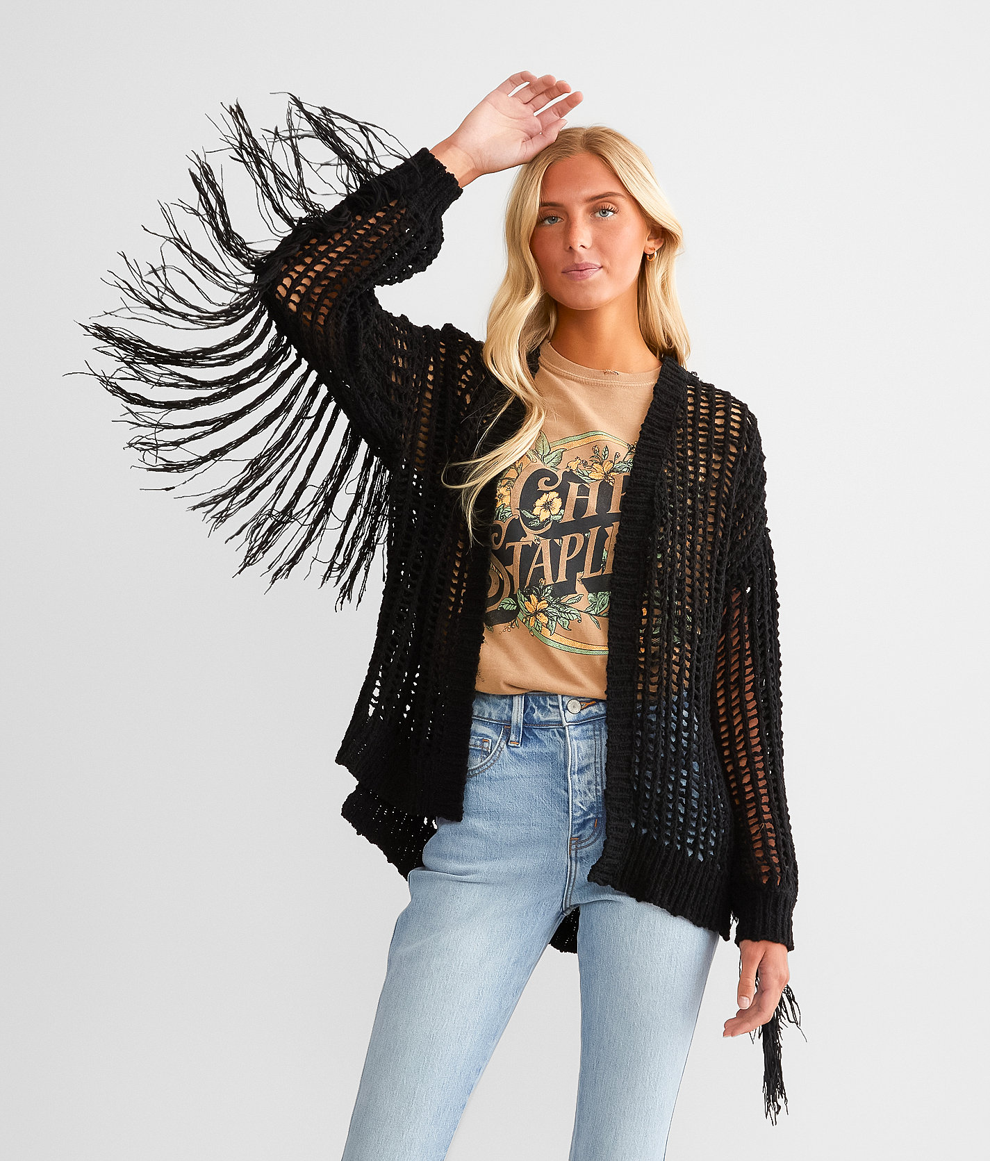 Peach Love California Fringe Cardigan Sweater - Women's Sweaters in Black