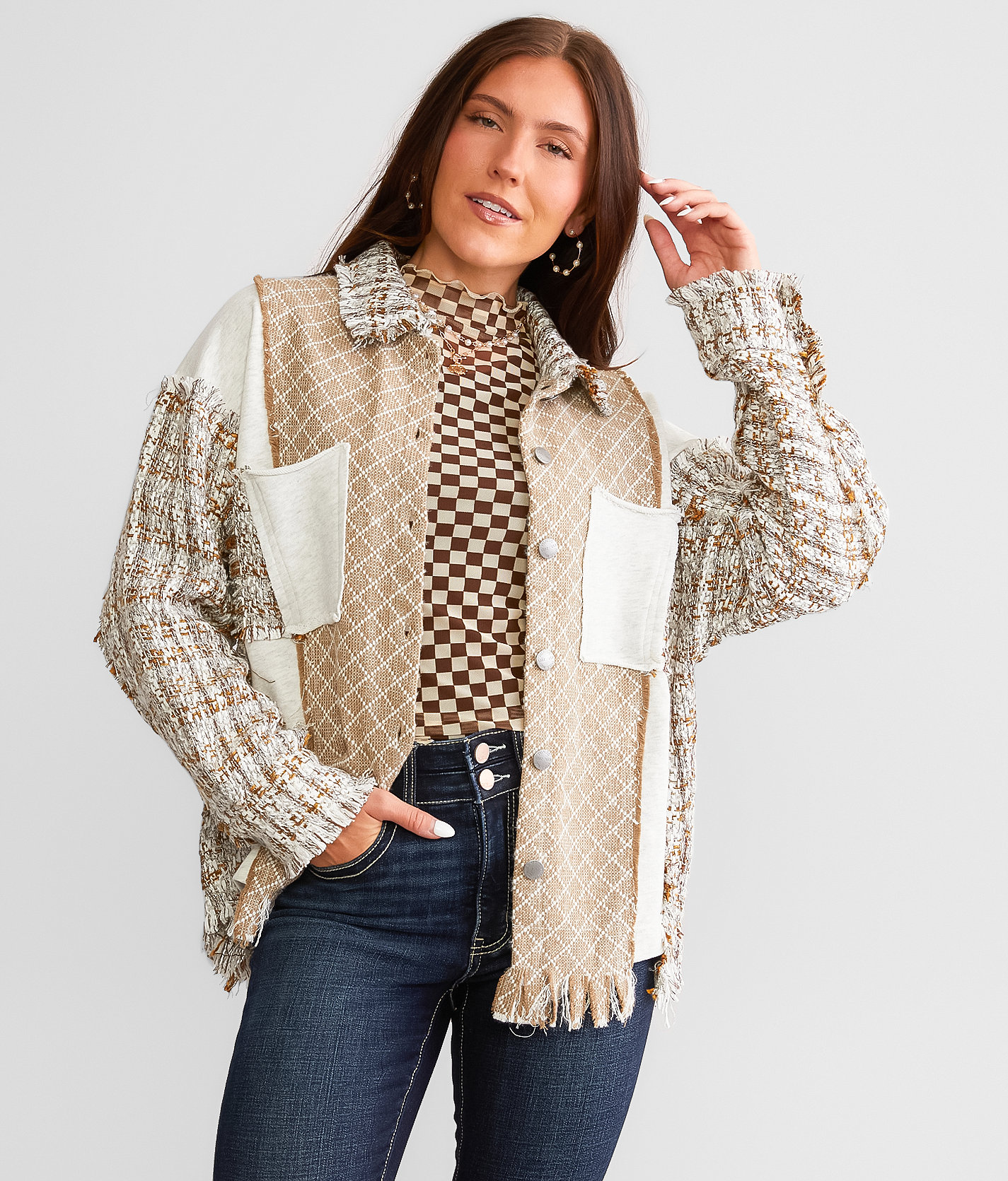 Miss Me Pieced Tweed Shacket - Women's Coats & Jackets in Multi Beige
