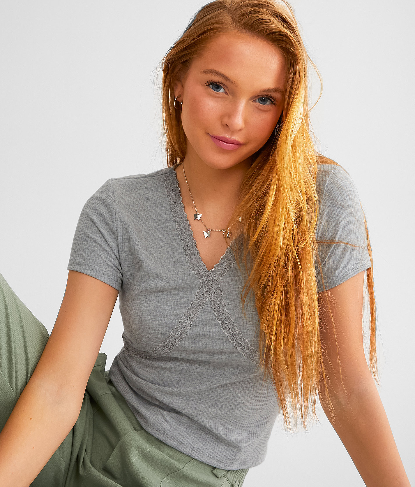 FITZ + EDDI Lace Trim Cropped Top - Women's Shirts & Blouses in Heather Grey