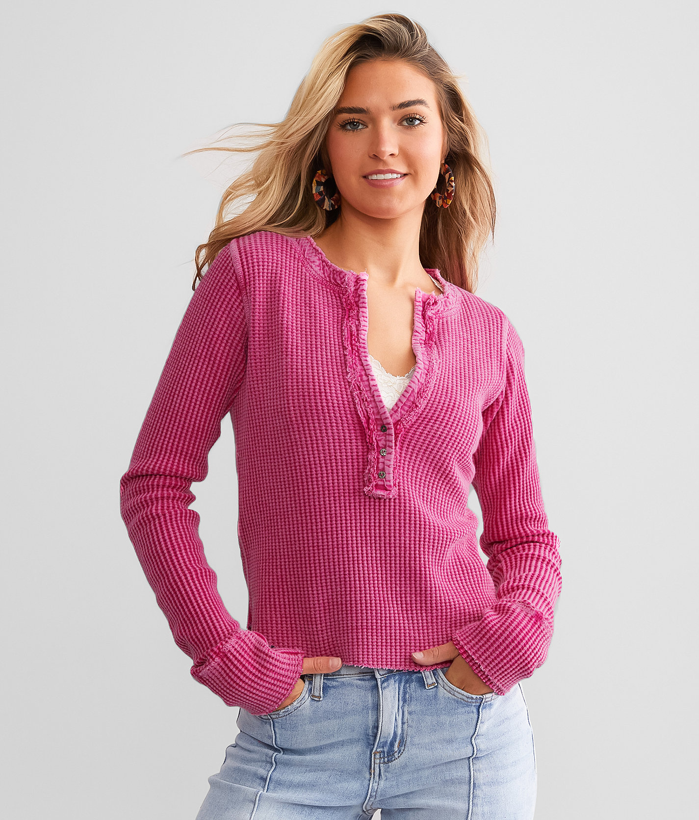 Free People Colt Thermal Henley - Women's Shirts & Blouses in Pink Phenom