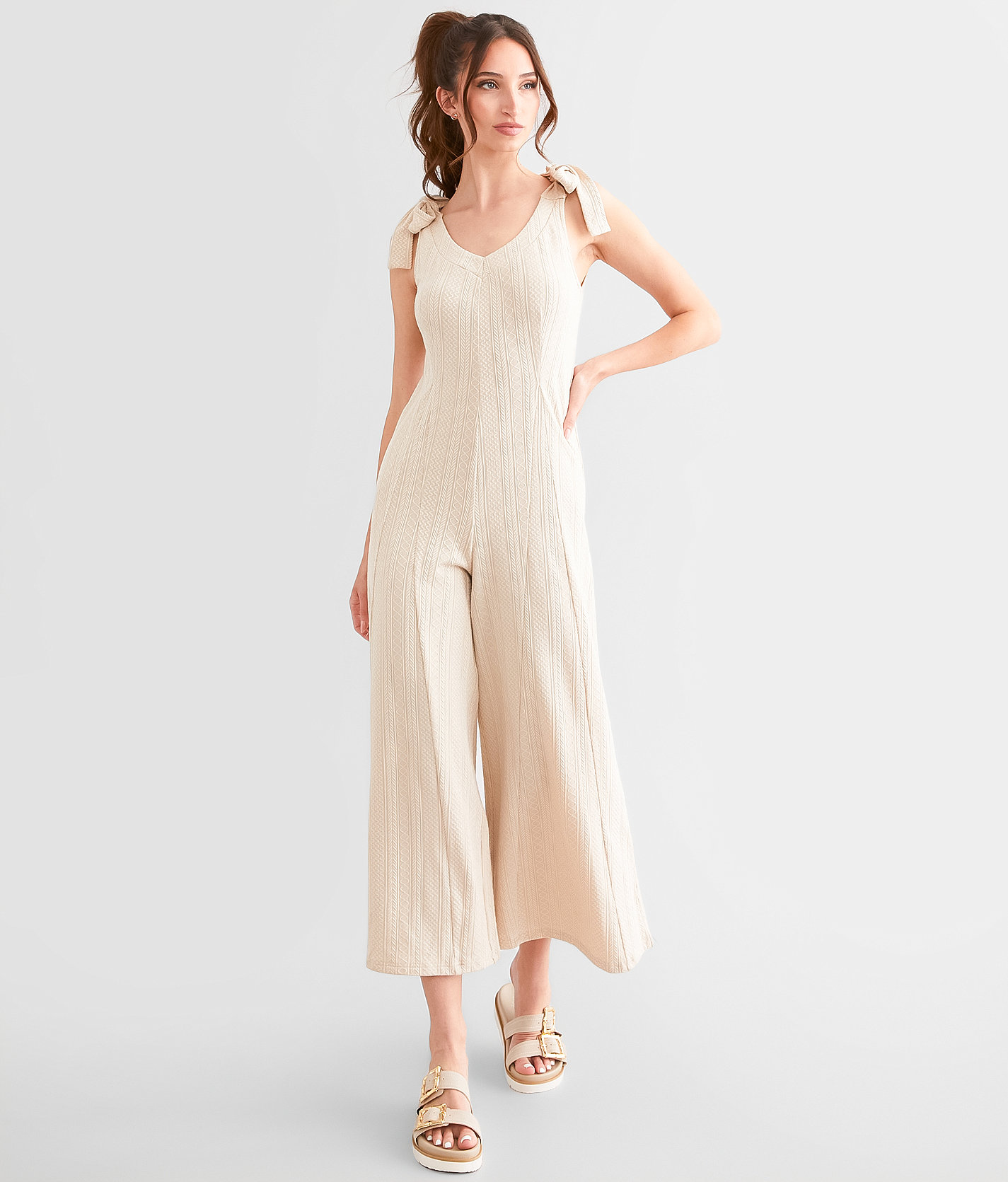 Polagram Wide Leg Patterned Jumpsuit - Women's Rompers & Jumpsuits in Turtledove
