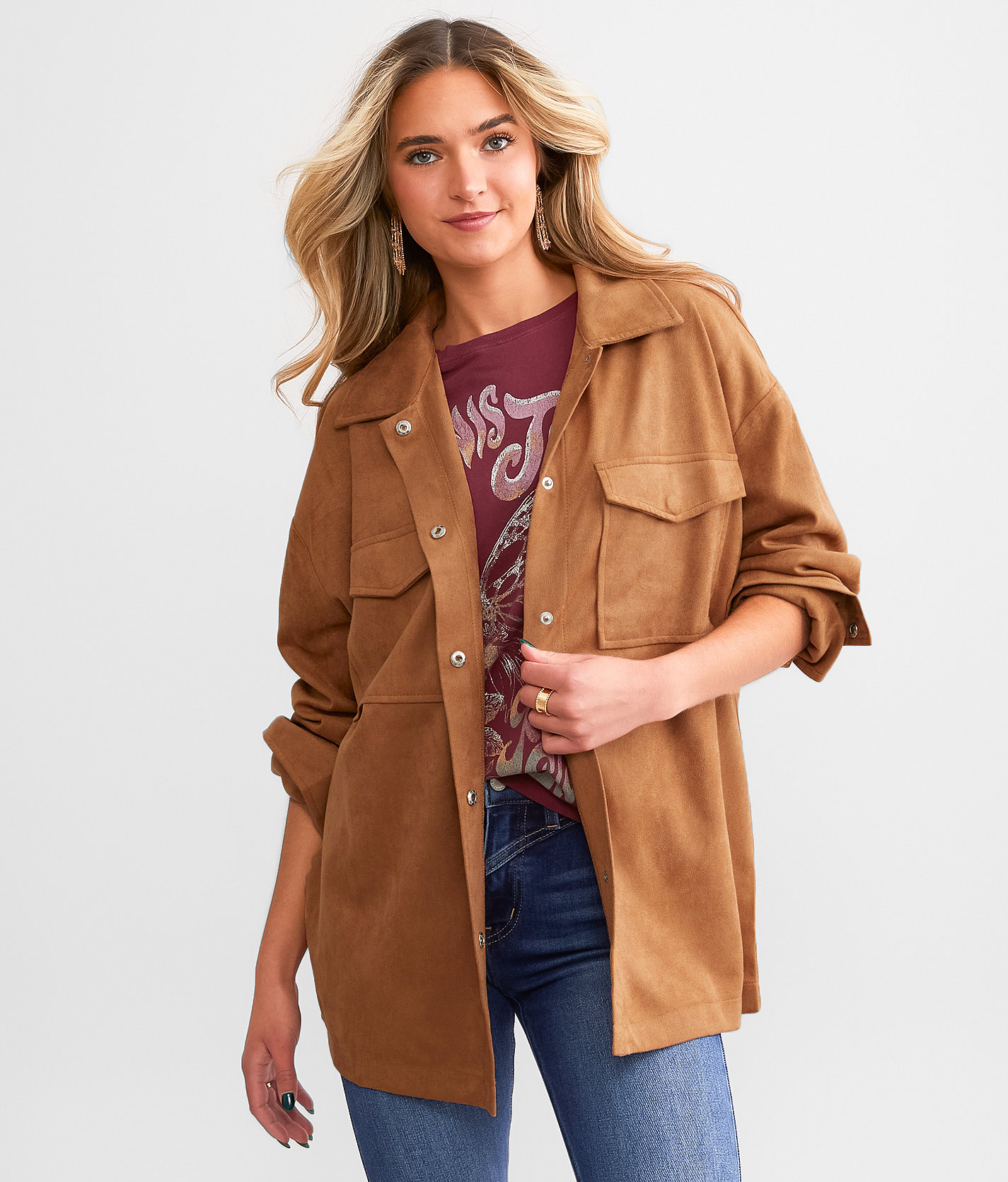 Acoa Faux Suede Shacket - Women's Coats & Jackets in Brown