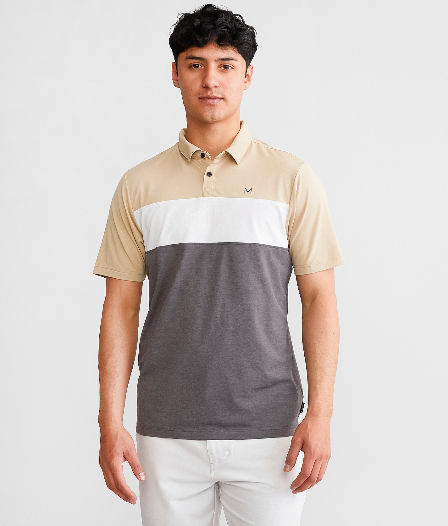 Maven Co-op Striped Performance Polo - Men's Polos in Tan White Charcoal