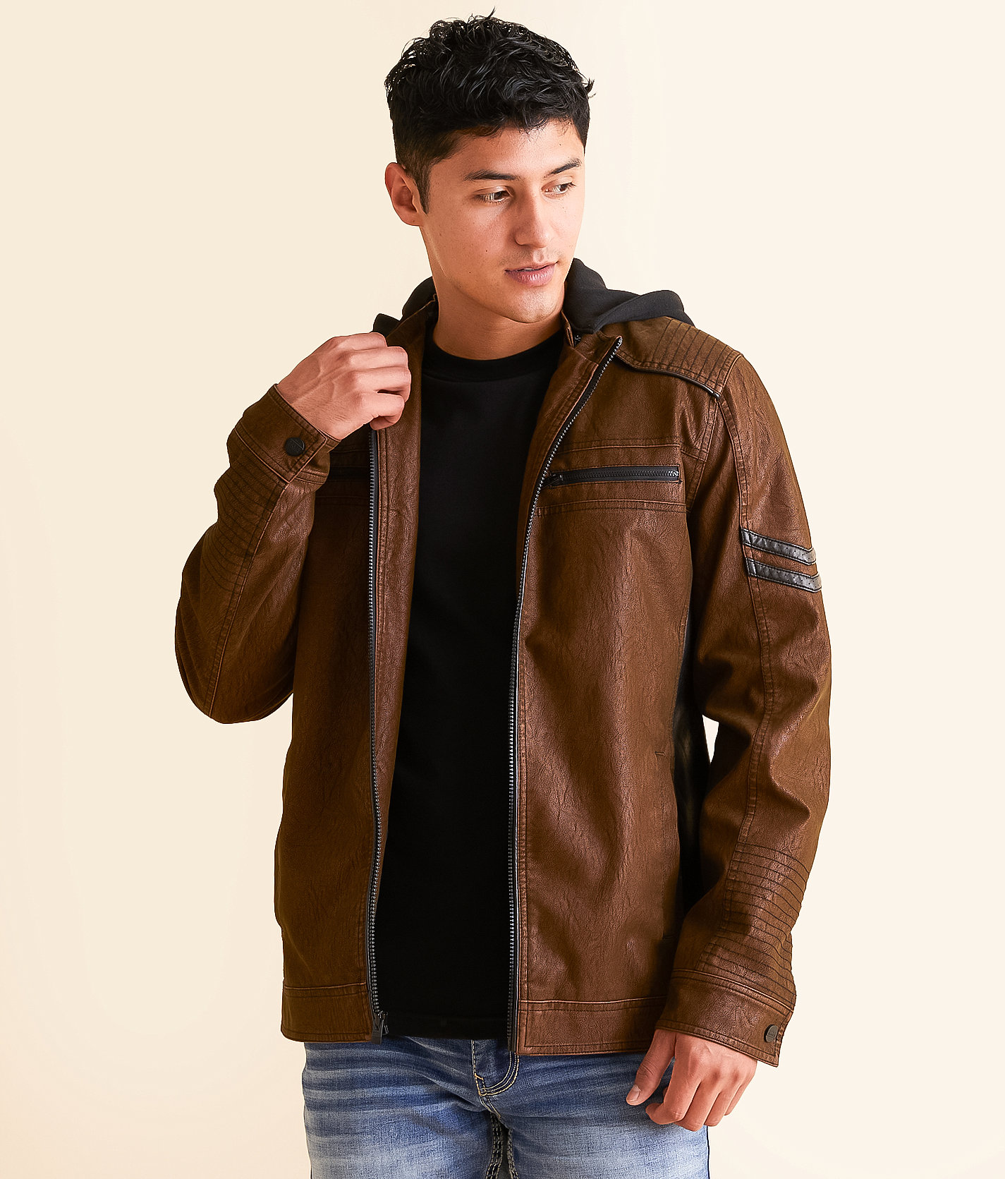 Buckle Black Faux Leather Hooded Jacket - Men's Coats & Jackets in Brown