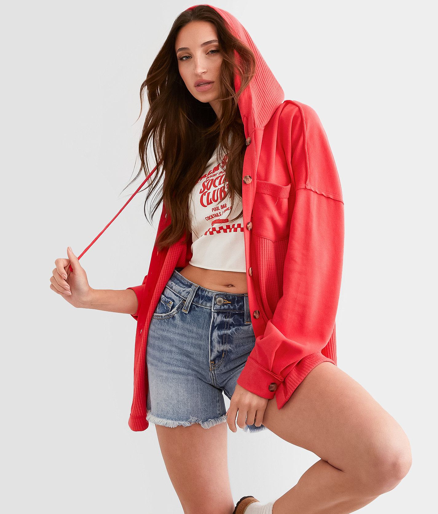 BKE Boyfriend Hooded Shirt - Women's Shirts & Blouses in Watermelon