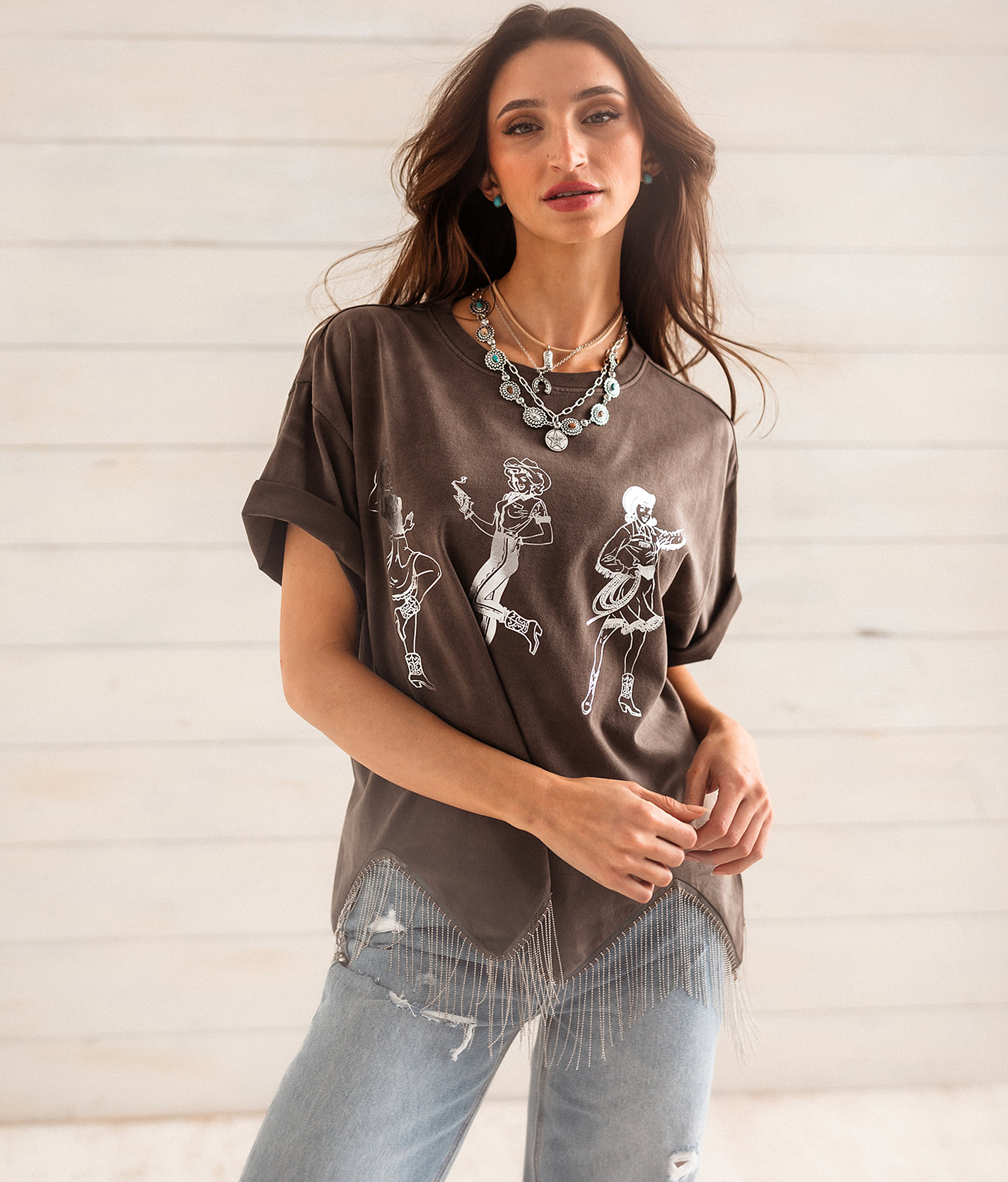 Sterling & Stitch Wild West Cowgirl Oversized T-Shirt - Women's T-Shirts in Grey