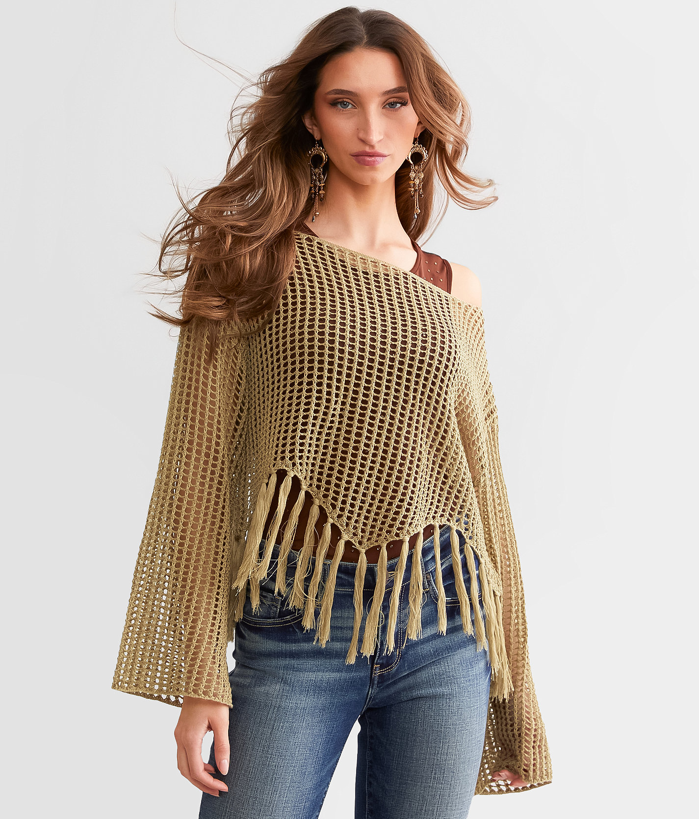 Daytrip Fringe Handkerchief Hem Sweater - Women's Sweaters in Khaki