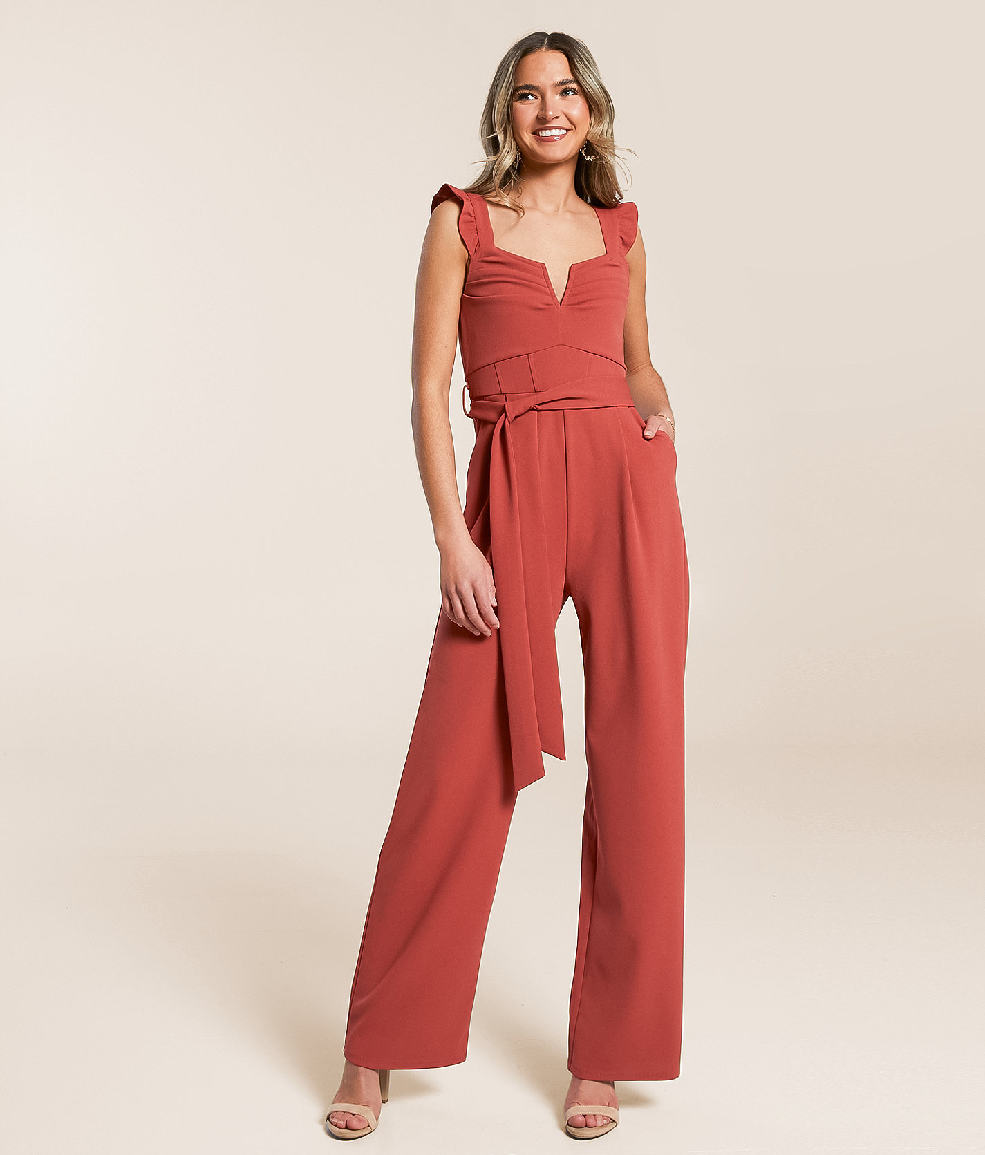 Willow & Root Ruffle V-Wire Jumpsuit - Women's Rompers & Jumpsuits in Marsala