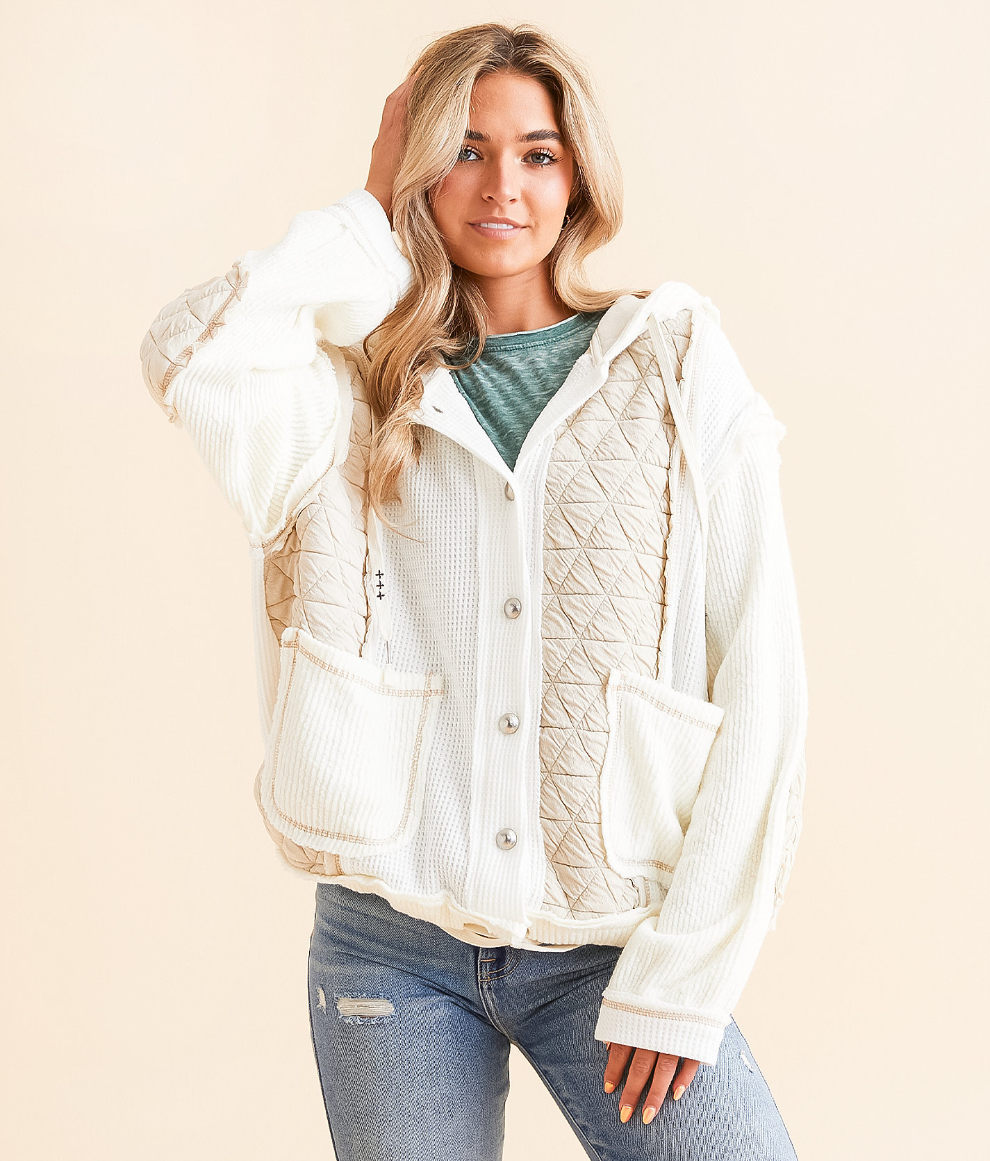 POL Pieced Raw Edge Waffle Hooded Jacket - Women's Coats & Jackets in Cream Beige