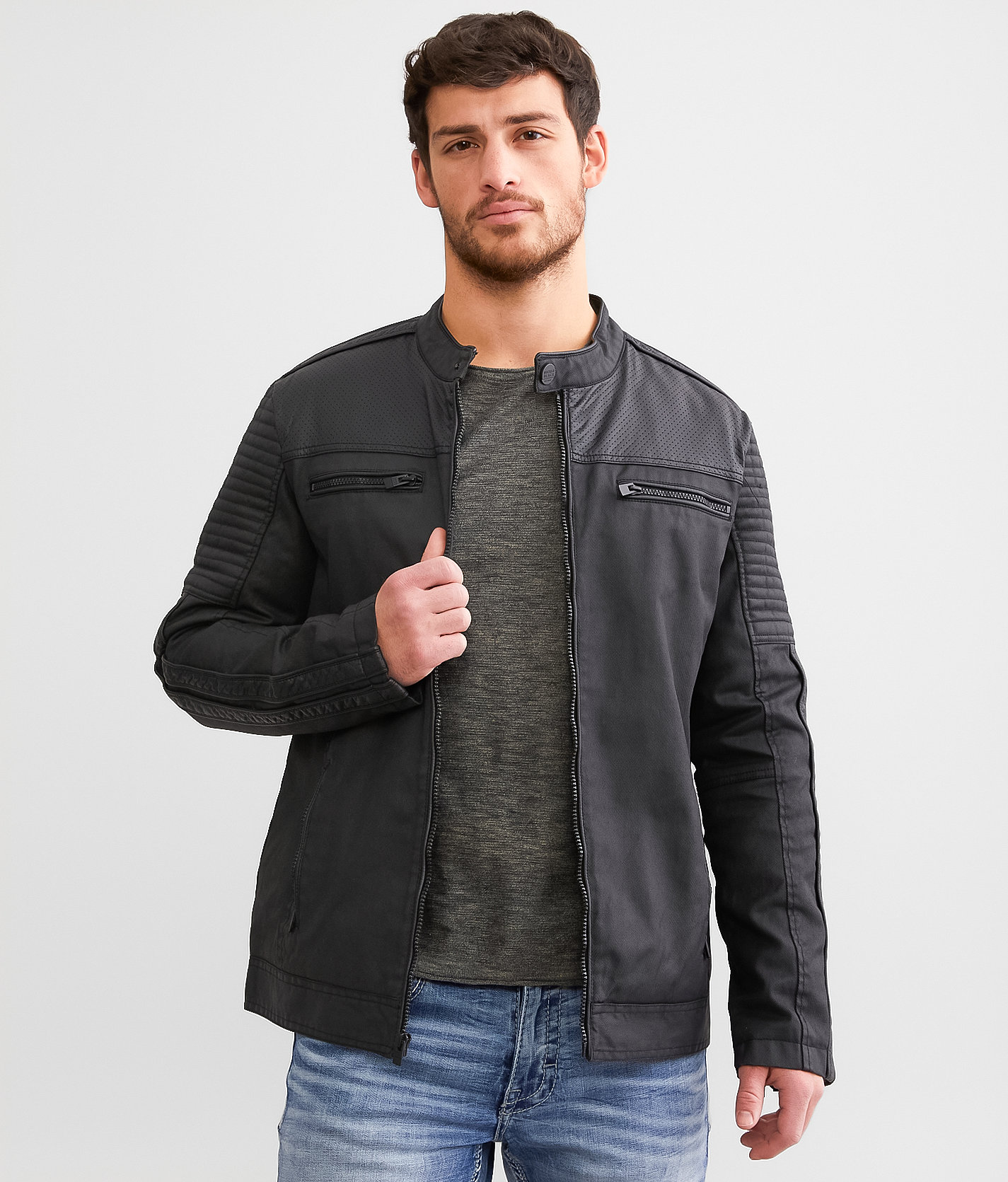 Buckle Black Perforated Faux Leather Jacket - Men's Coats & Jackets in Black