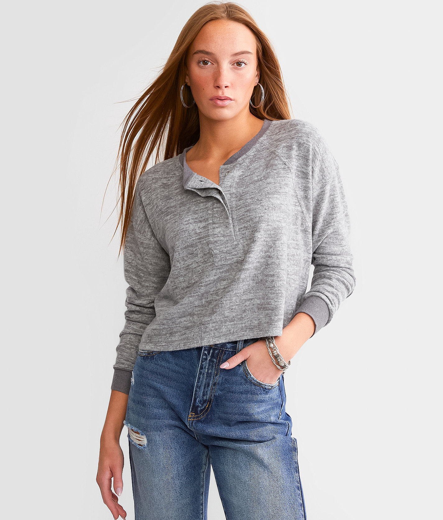 FITZ + EDDI Brushed Henley - Women's Shirts & Blouses in Heather Grey