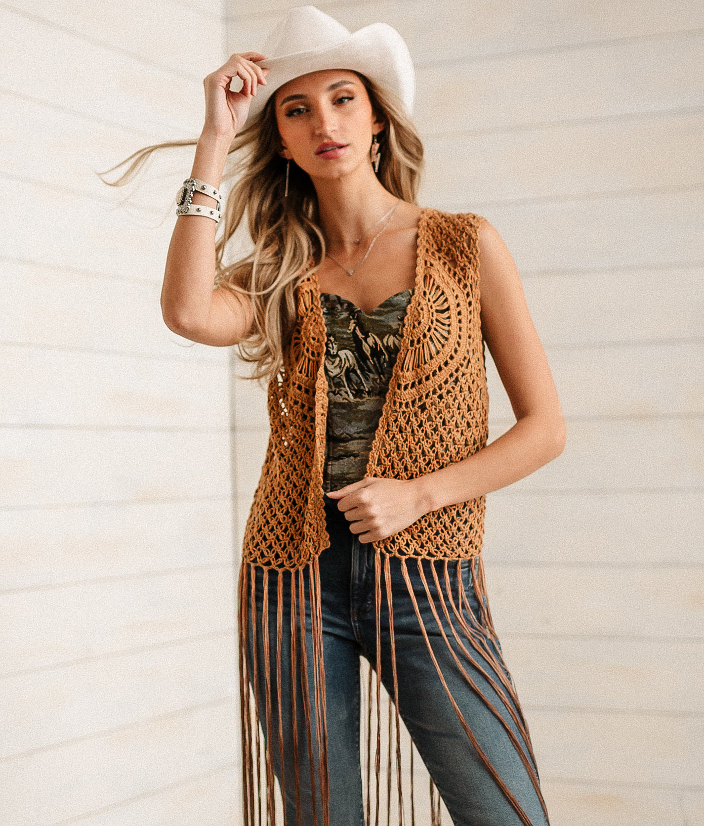 Sterling & Stitch Crochet Fringe Sweater Vest - Women's Sweaters in Tan Mulch
