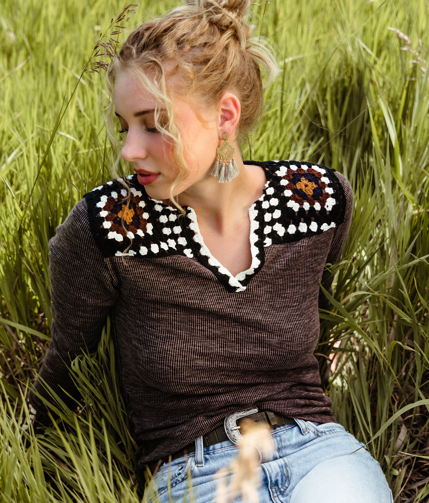 Gimmicks Pieced Crochet Top - Women's Shirts & Blouses in Charcoal