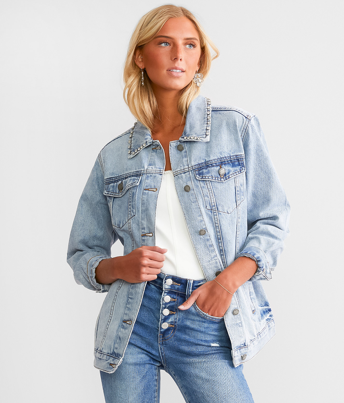 Veveret Rhinestone Denim Jacket - Women's Coats & Jackets in Med Demin