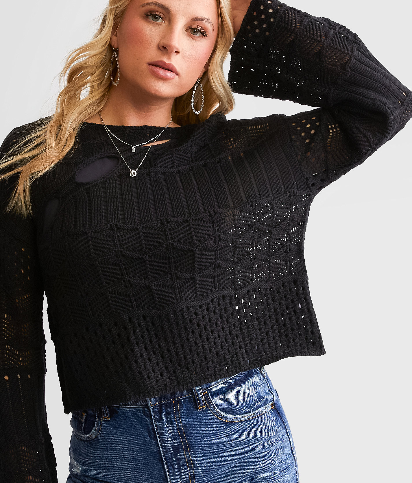 Willow & Root Mixed Stitch Cropped Sweater - Women's Sweaters in Black