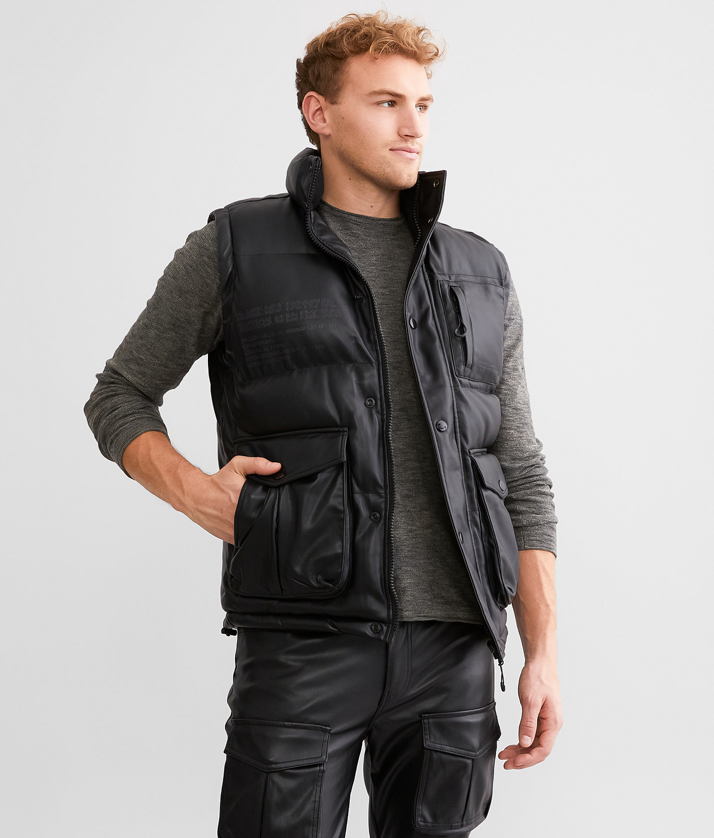 Smoke Rise® Faux Leather Puffer Vest - Men's Coats & Jackets in Black