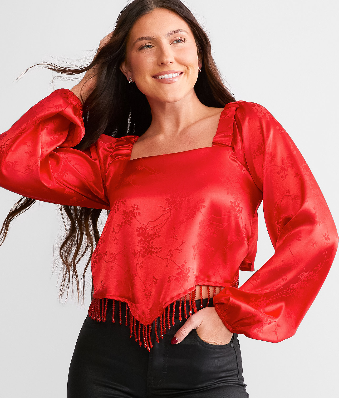 Willow & Root Satin Jacquard Hanky Cropped Top - Women's Shirts & Blouses in Red