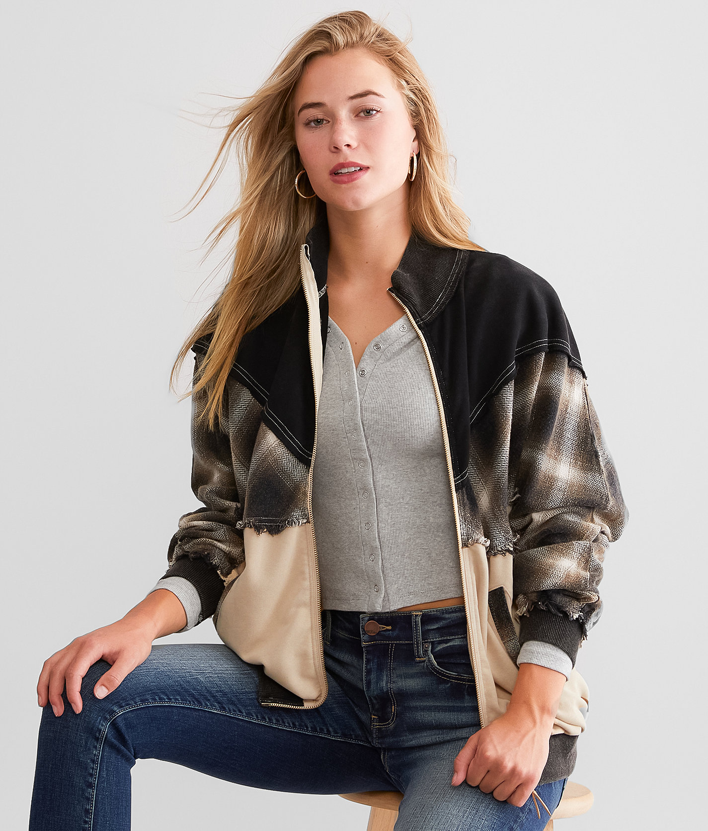 BKE Pieced Plaid Jacket - Women's Coats & Jackets in Tan Black