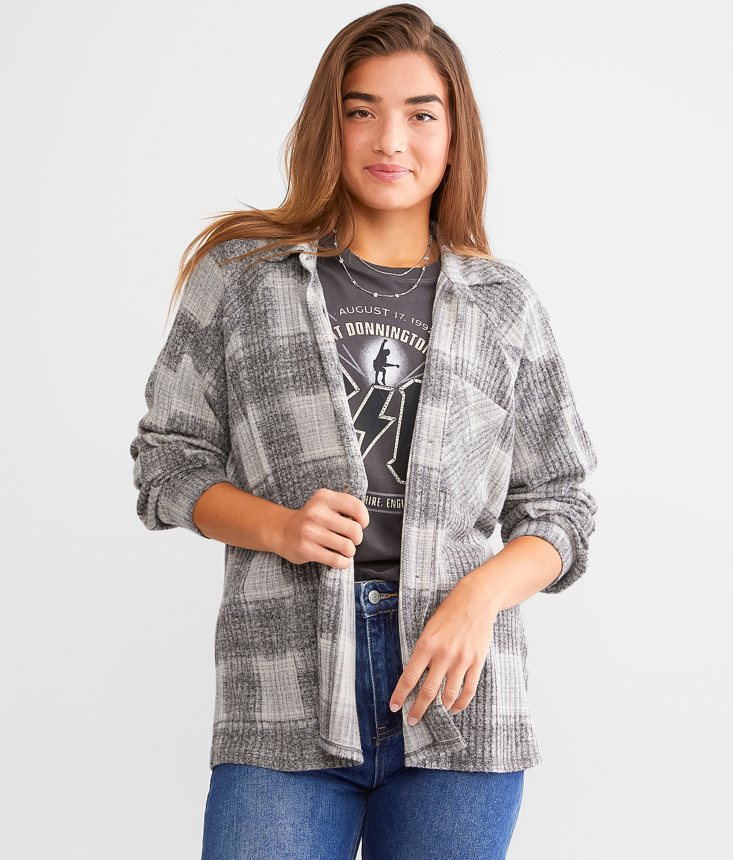 Modish Rebel Brushed Plaid Knit Shirt - Women's Shirts & Blouses in Black White Grey