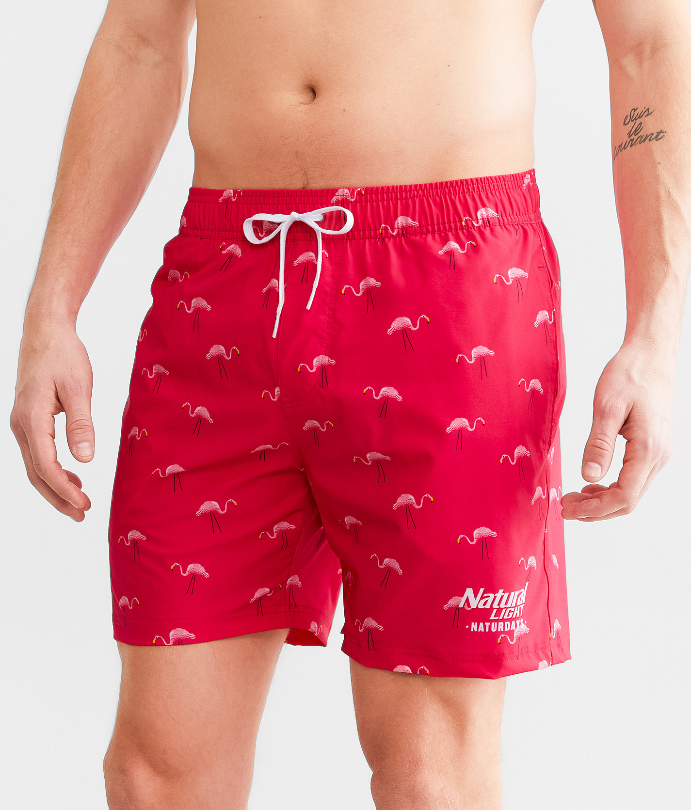Tipsy Elves Natural Light® Flamingos Swim Trunks - Men's Swimwear in Pink