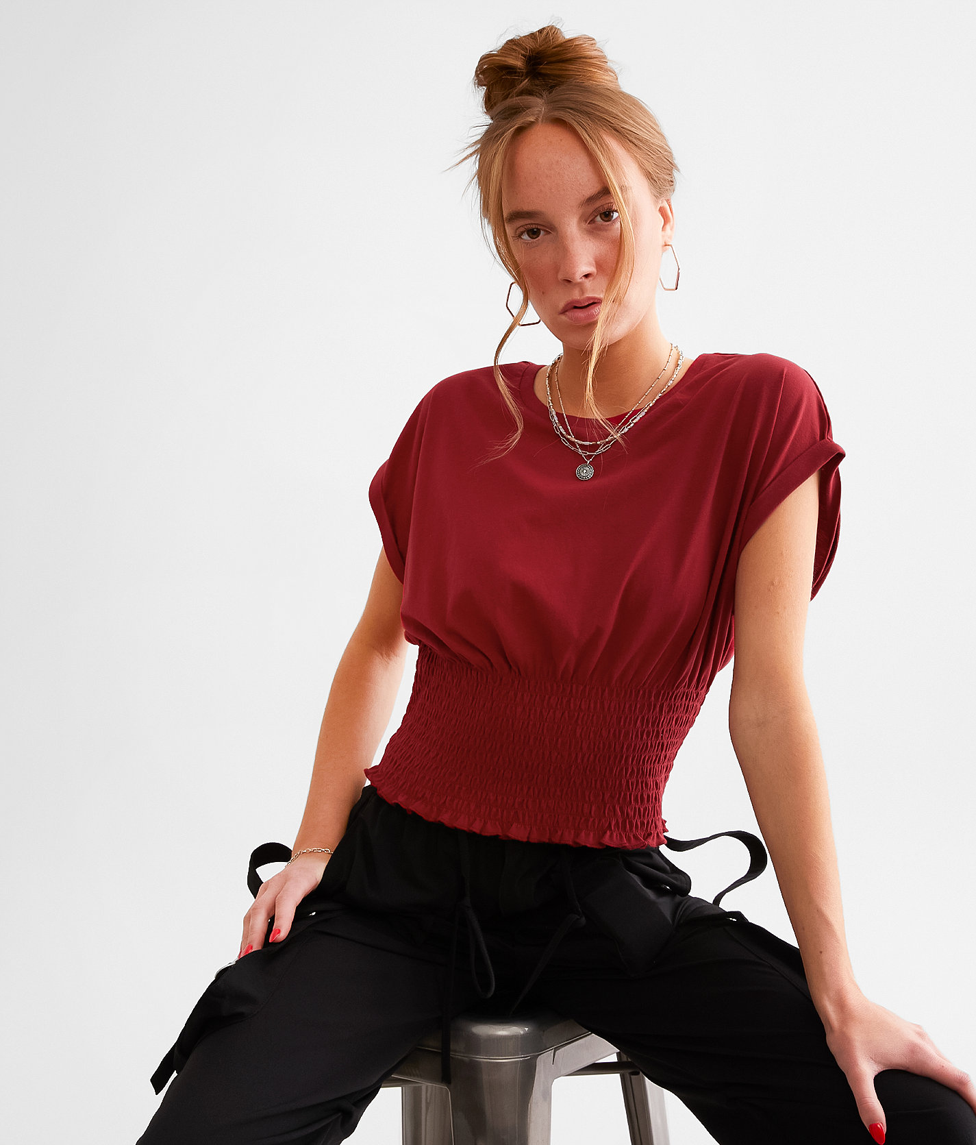 Gilded Intent Smocked Dolman Top - Women's Shirts & Blouses in Red