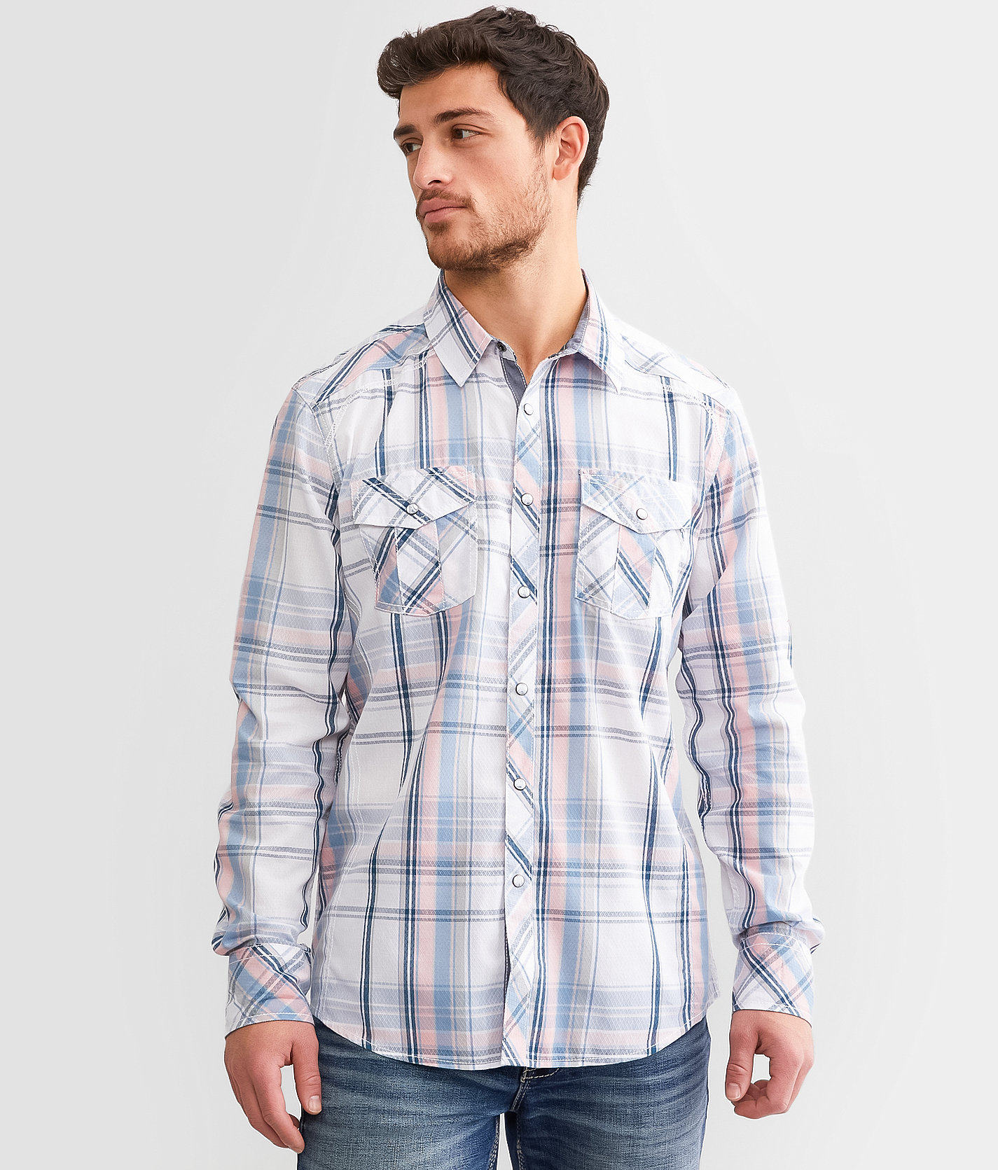 BKE Plaid Athletic Shirt - Men's Shirts in White Blue Pink