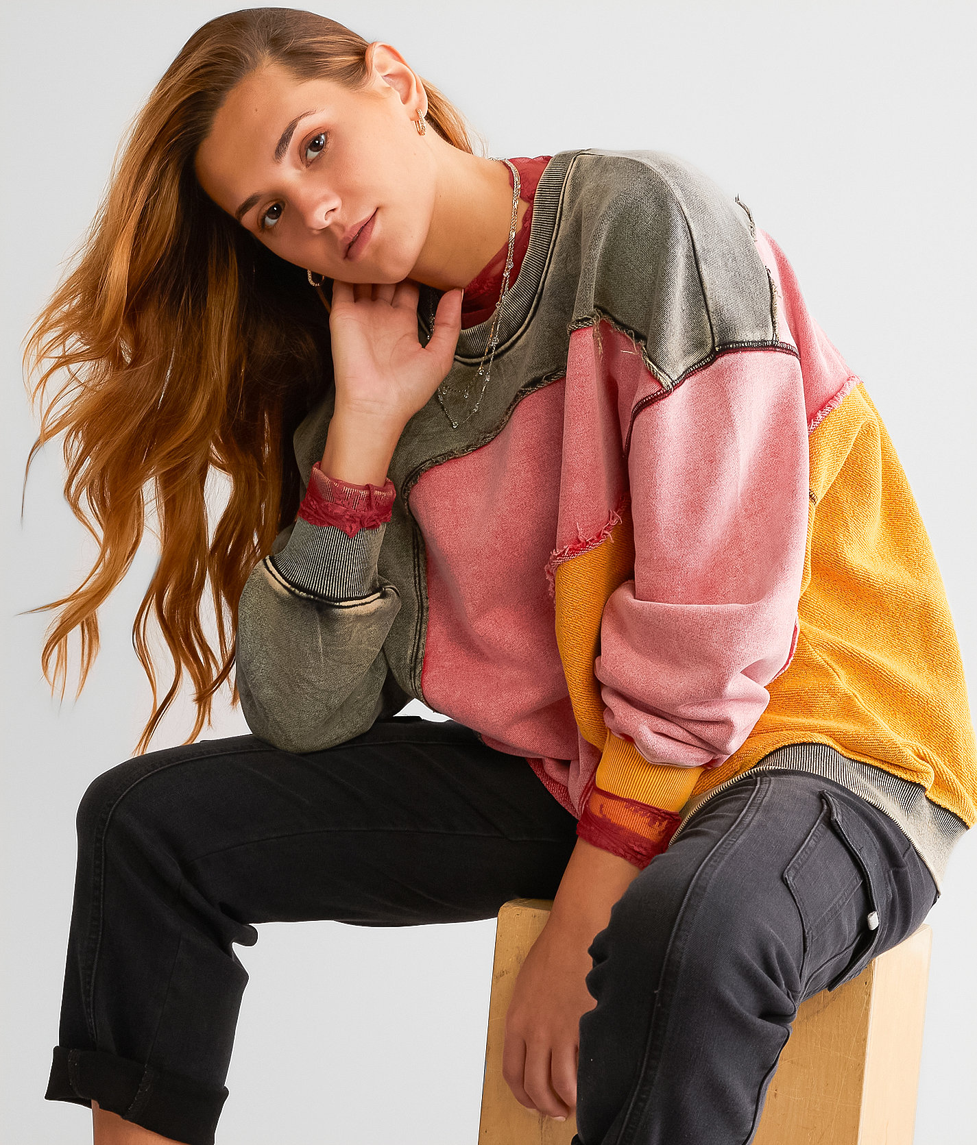 Gilded Intent Color Block Washed Pullover - Women's Sweatshirts in Multi