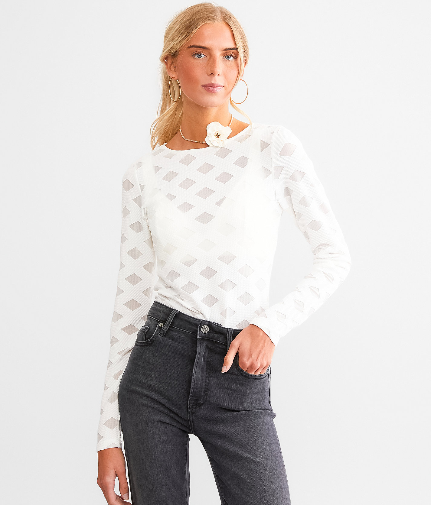 red by BKE Checkered Mesh Top - Women's Shirts & Blouses in White