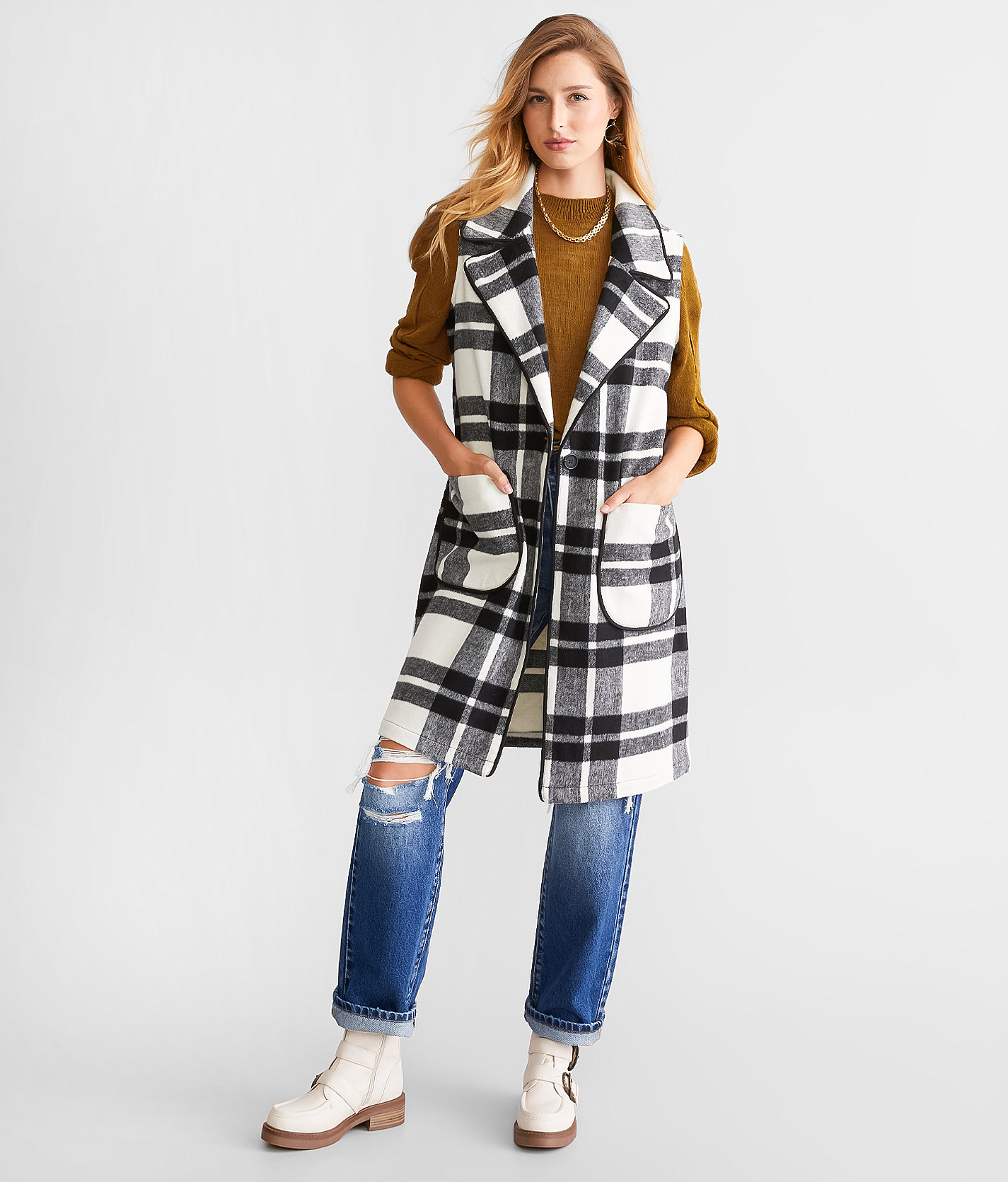 BKE Plaid Tunic Vest - Women's Coats & Jackets in Black White