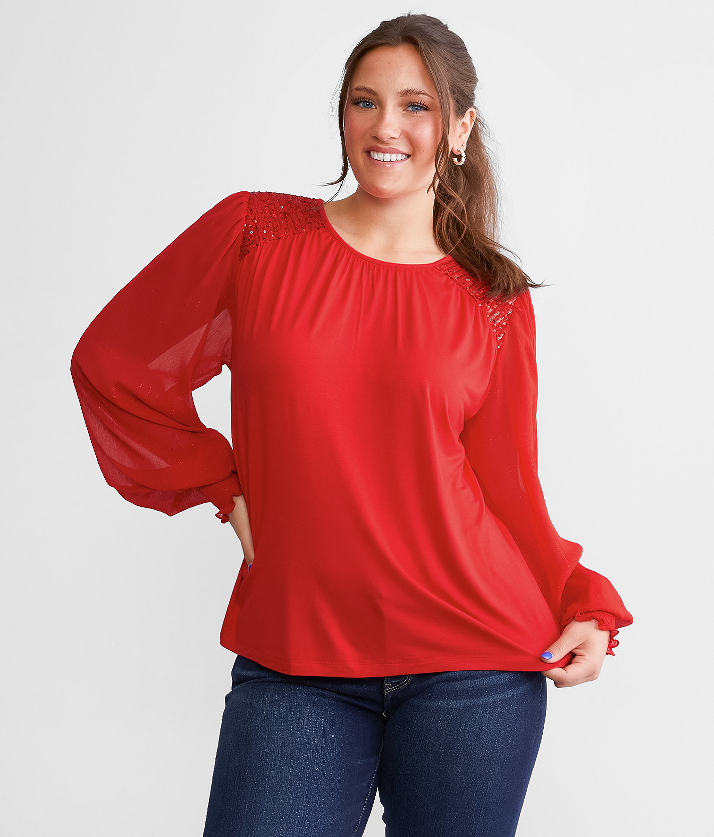 Daytrip Sequin Yoke Top - Women's Shirts & Blouses in Red
