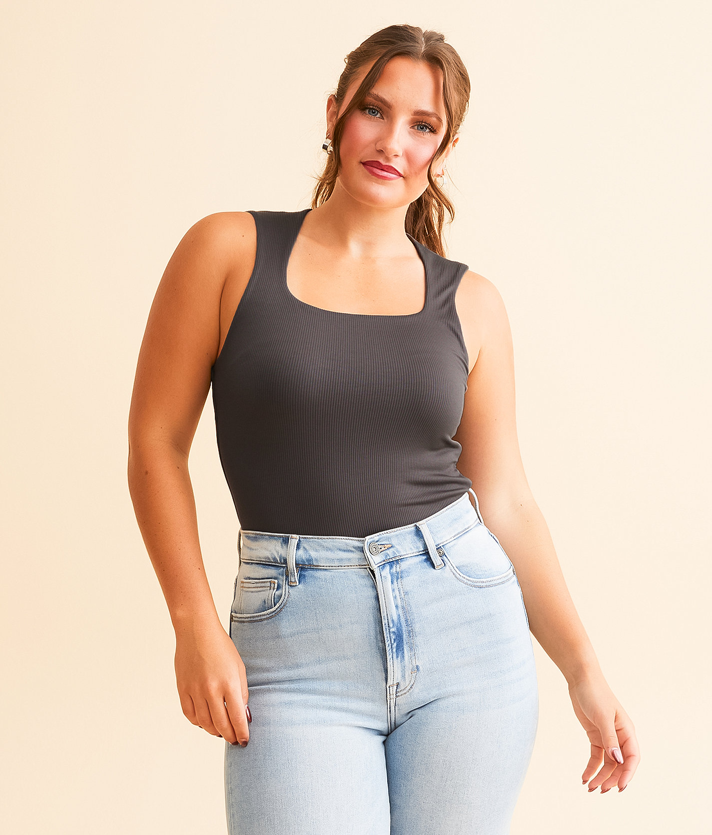 Buckle Black Ribbed Shaping & Smoothing Capped Tank Top - Women's Tank Tops in Dark Grey