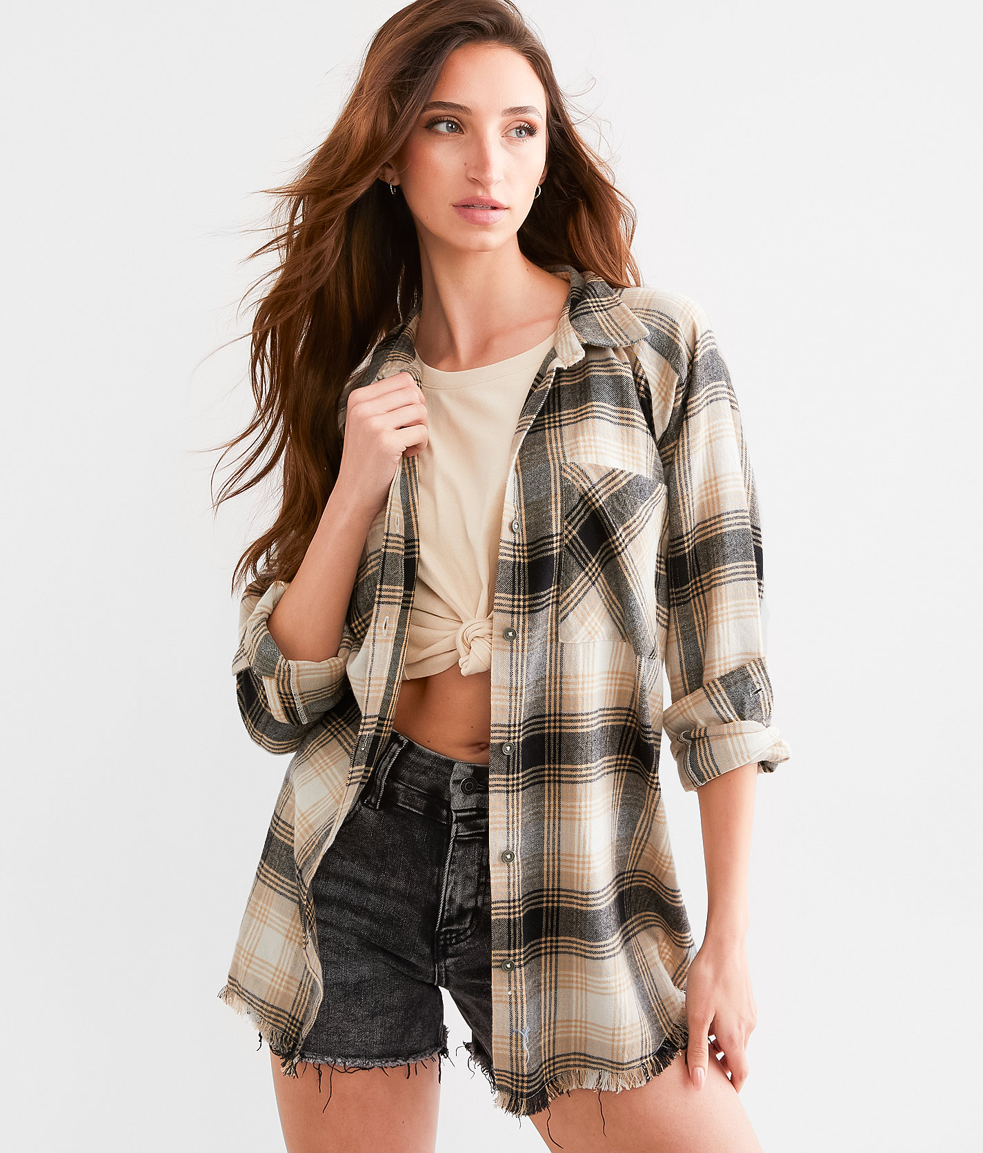 BKE Brushed Plaid Boyfriend Shirt - Women's Shirts & Blouses in Cream Black