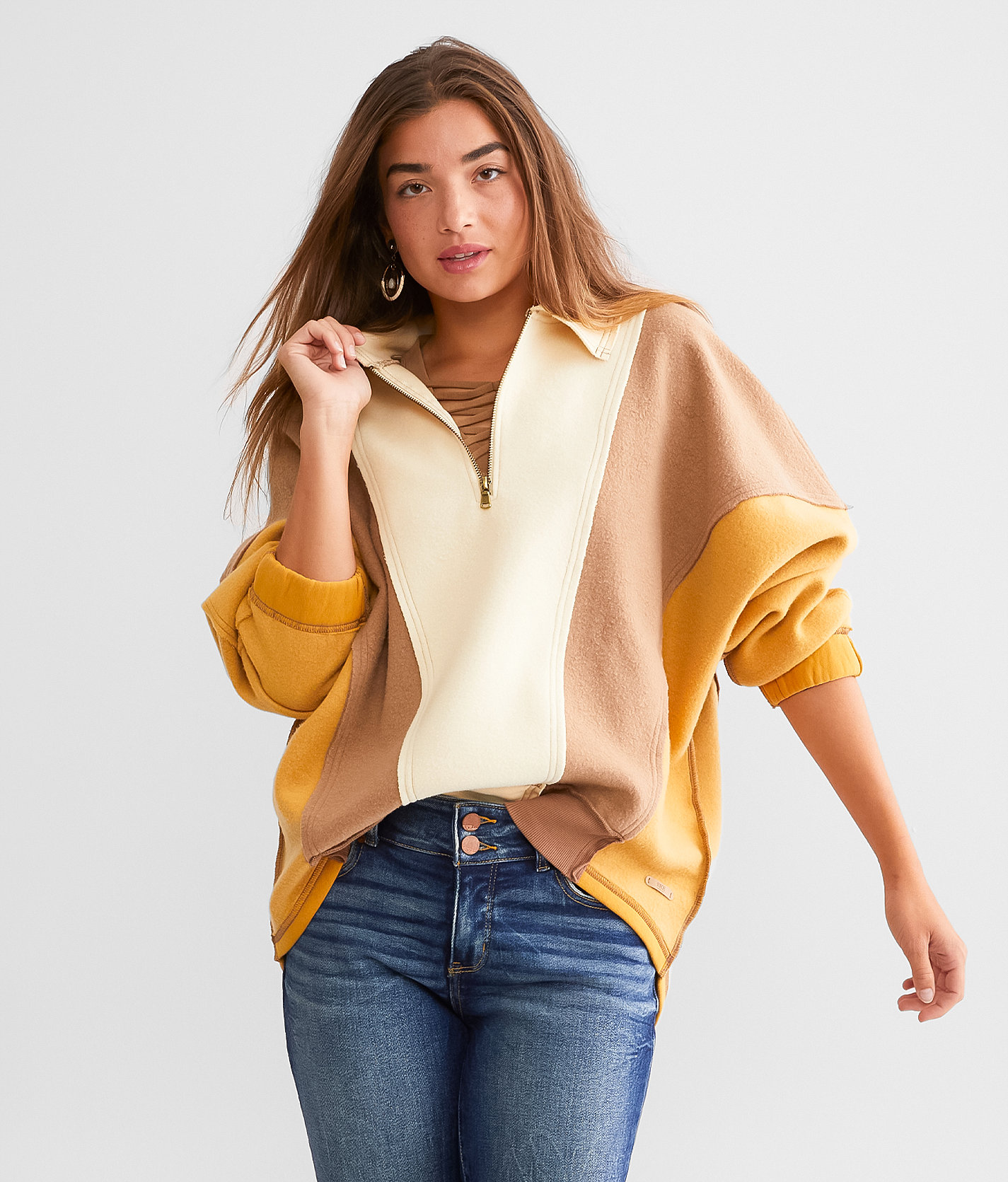 BKE Color Block Quarter Zip Pullover - Women's Sweatshirts in Cream Mocha Mustard