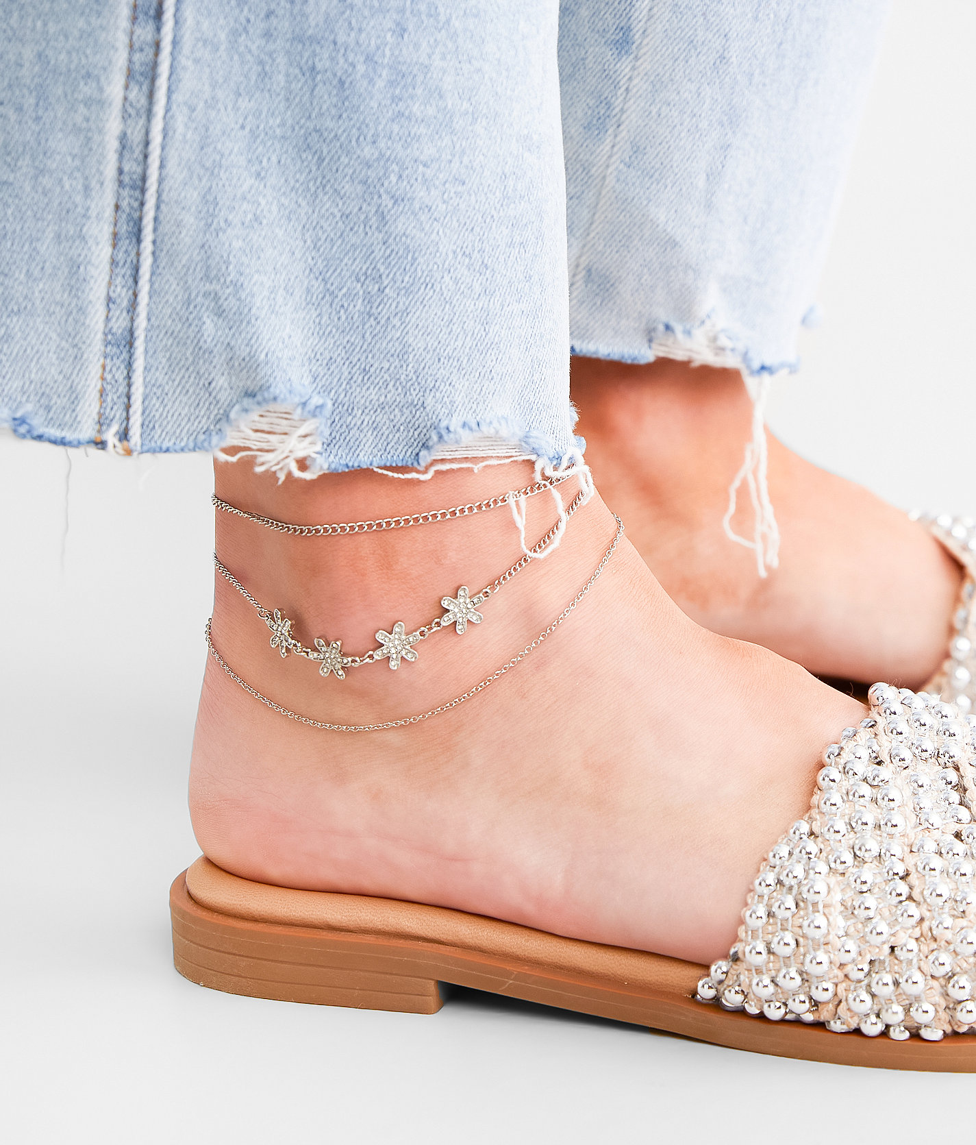 boutique by BKE 3 Pack Floral Anklet Set - Women's Jewelry in Silver