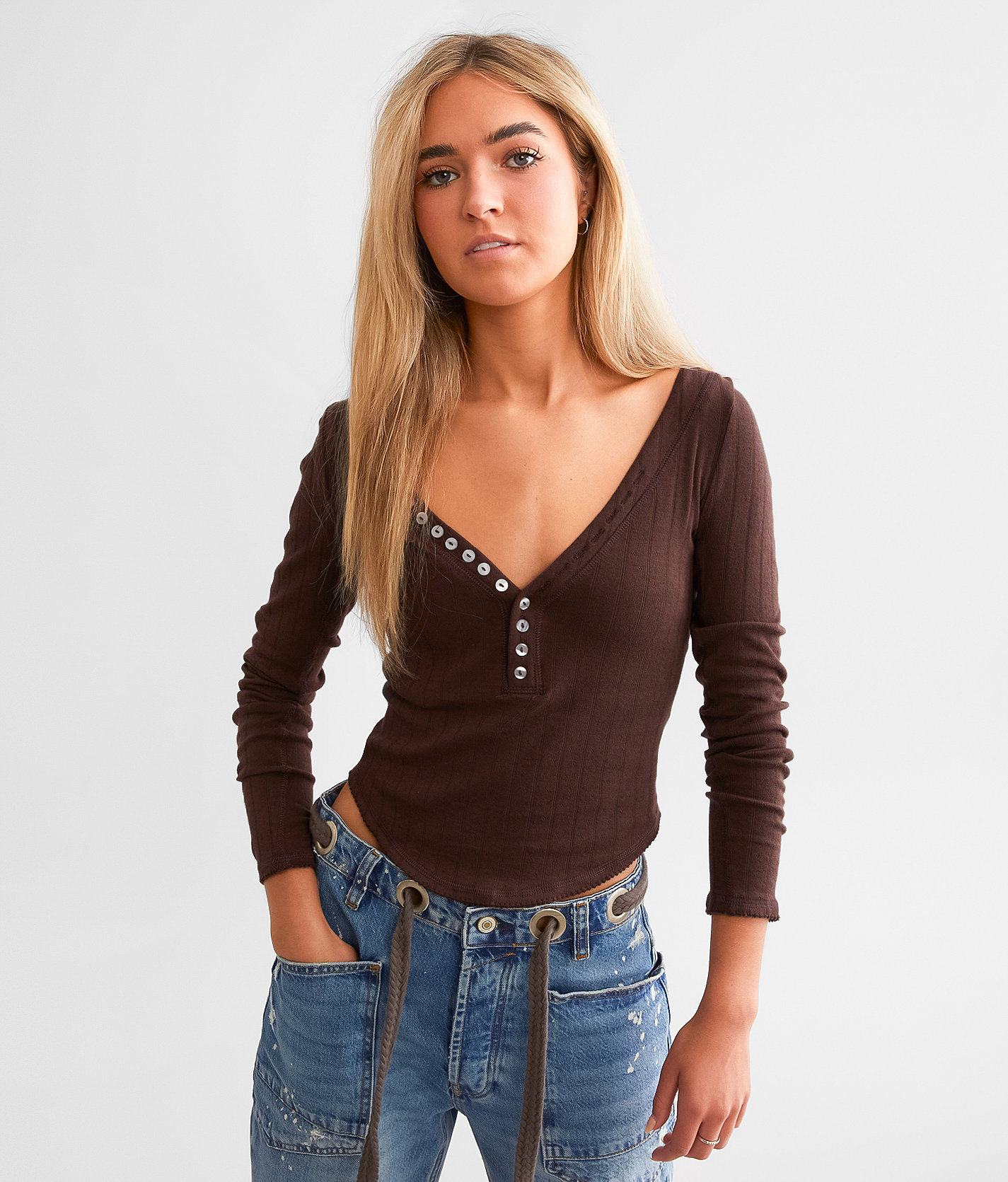 Free People Coffee Chat Henley - Women's Shirts & Blouses in Shaved Chocolate